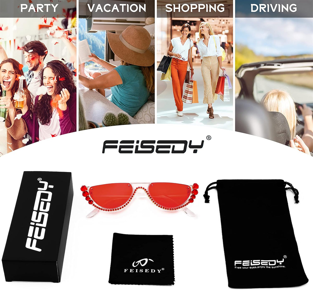 ÉÌƷͼƬ 11 | B0BKQFVBKQ | FEISEDY Women Crystal Cateye Sunglasses Half Frame Sparkling Trendy Retro Clout Goggles B2975