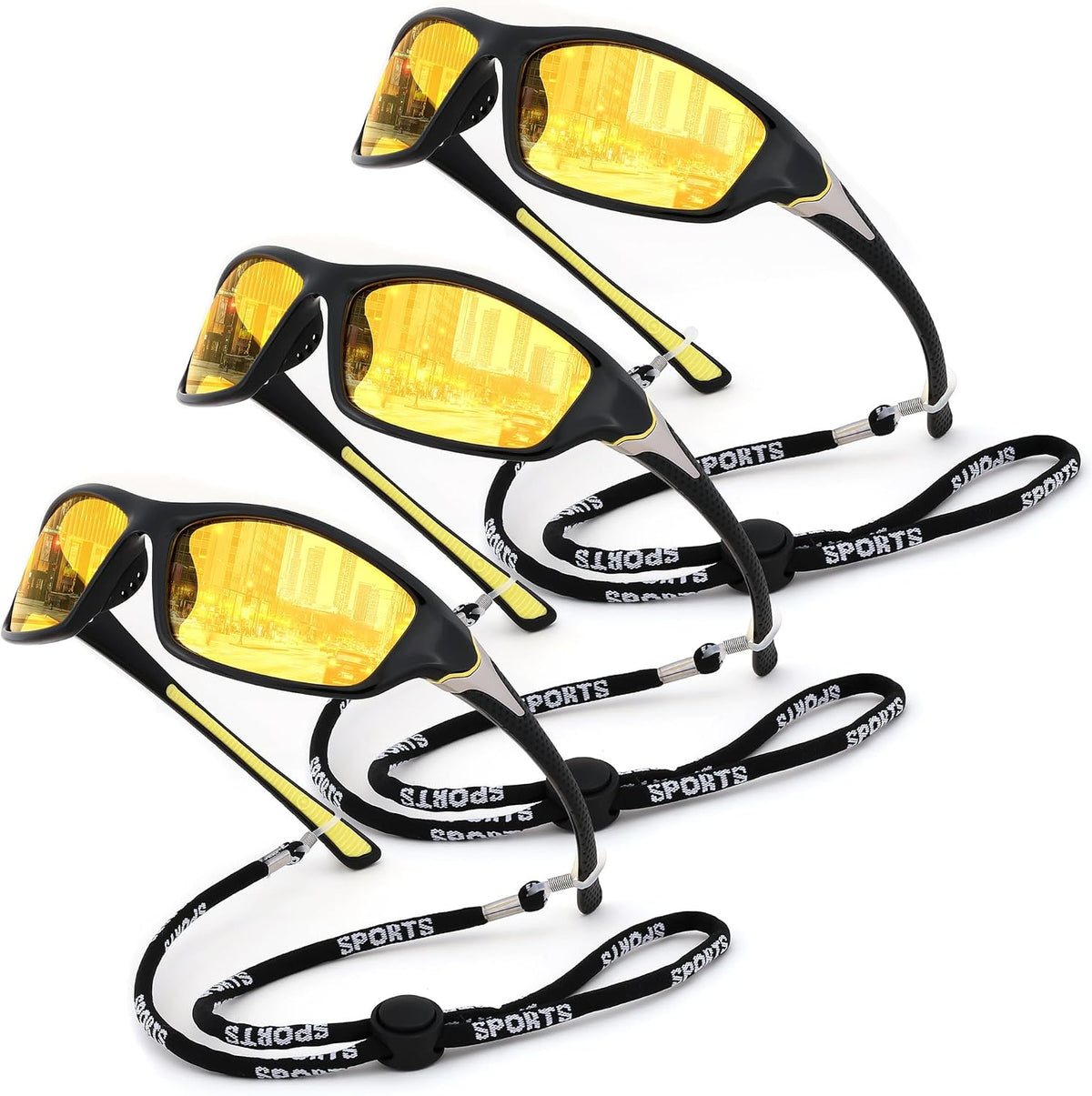 3pack-yellow+yellow+yellow / 60 Millimeters | B0F9L68LMC | FEISEDY 3 Pack Polarized Sports Sunglasses for Men, Wrap Around Frame, UV400 Protection, Fishing Driving Cycling B2674