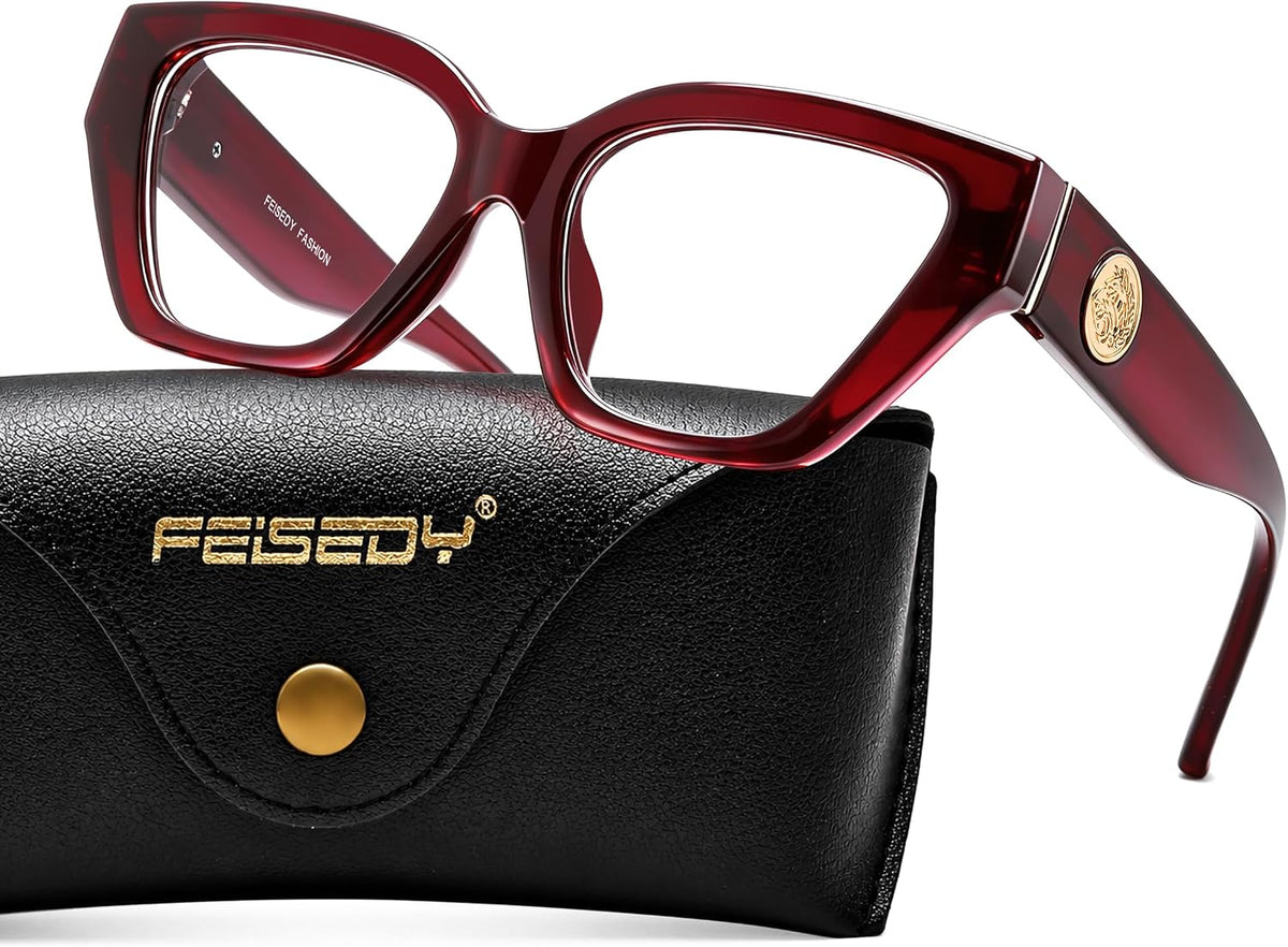 Wine Red / 52 Millimeters | B0GQZHLH7V | FEISEDY Women Cat Eye Blue Light Blocking Glasses for Women B0350