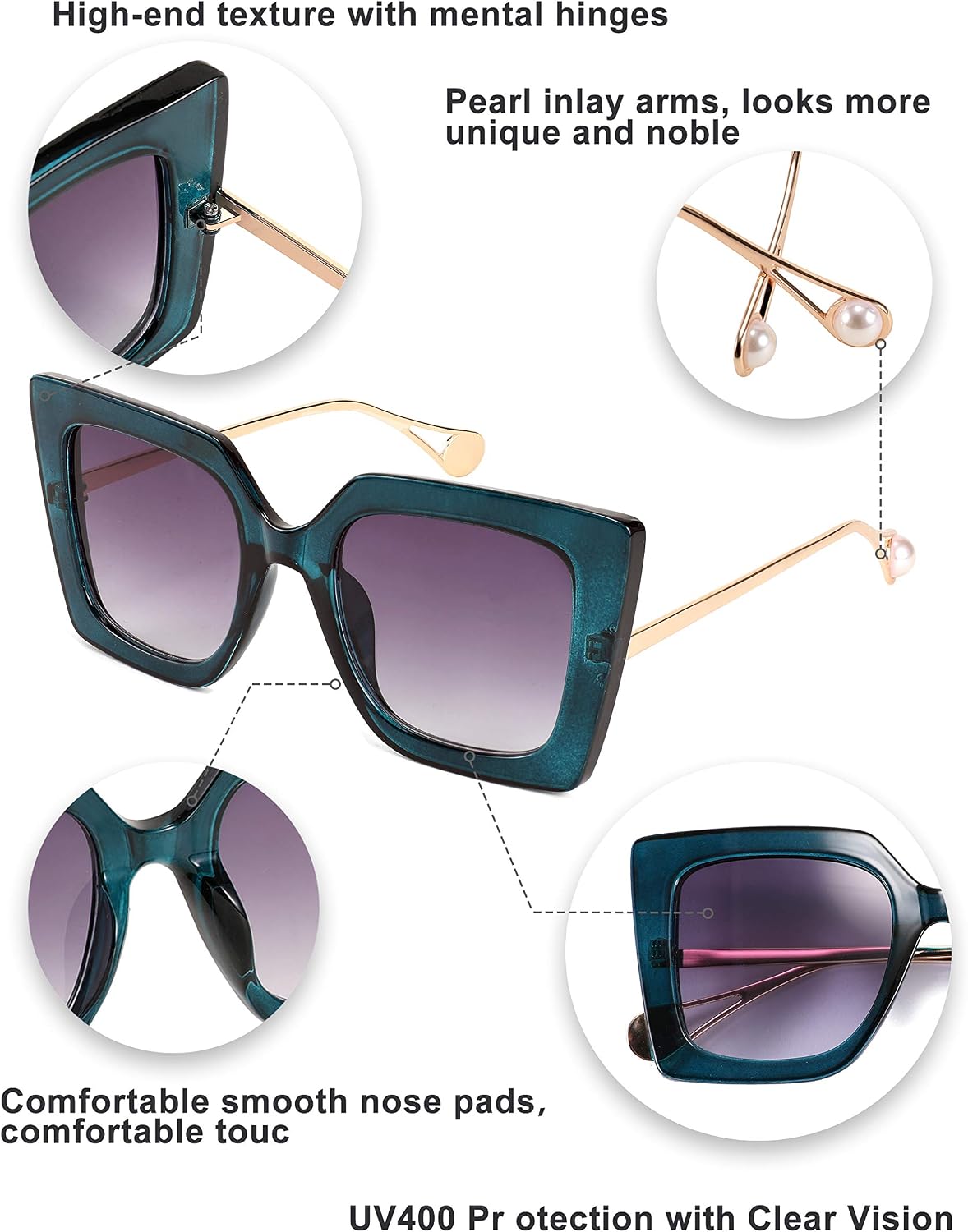 商品图片 68 | B08HVPGJW5 | FEISEDY Sunglasses Womens Trendy, Oversized Square Shades, Pearl Inlay Cat Eye Frame UV400 Protection B2625