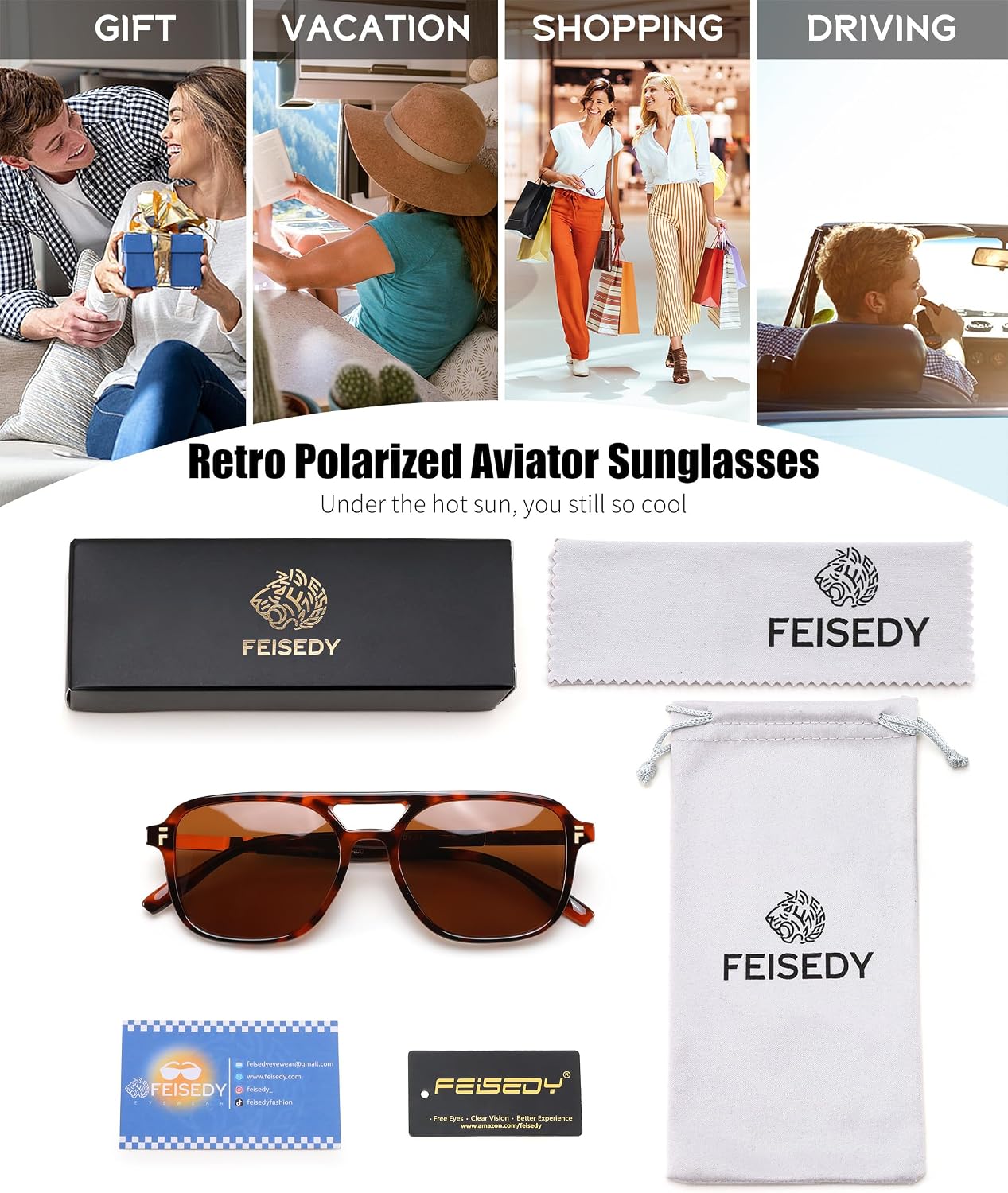 商品图片 21 | B0H2V9BFS5 | FEISEDY Retro Polarized Aviator Square Sunglasses for Women Men UV400 B0357