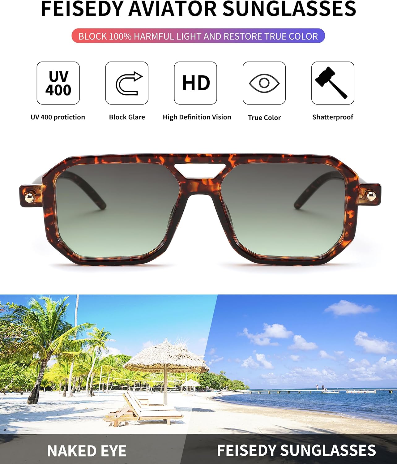 商品图片 137 | B09YTJ4FQZ | FEISEDY Vintage Square 70s Flat Aviator Sunglasses Women Men Classic Retro Stylish Frame UV400 Sunglasses B2622