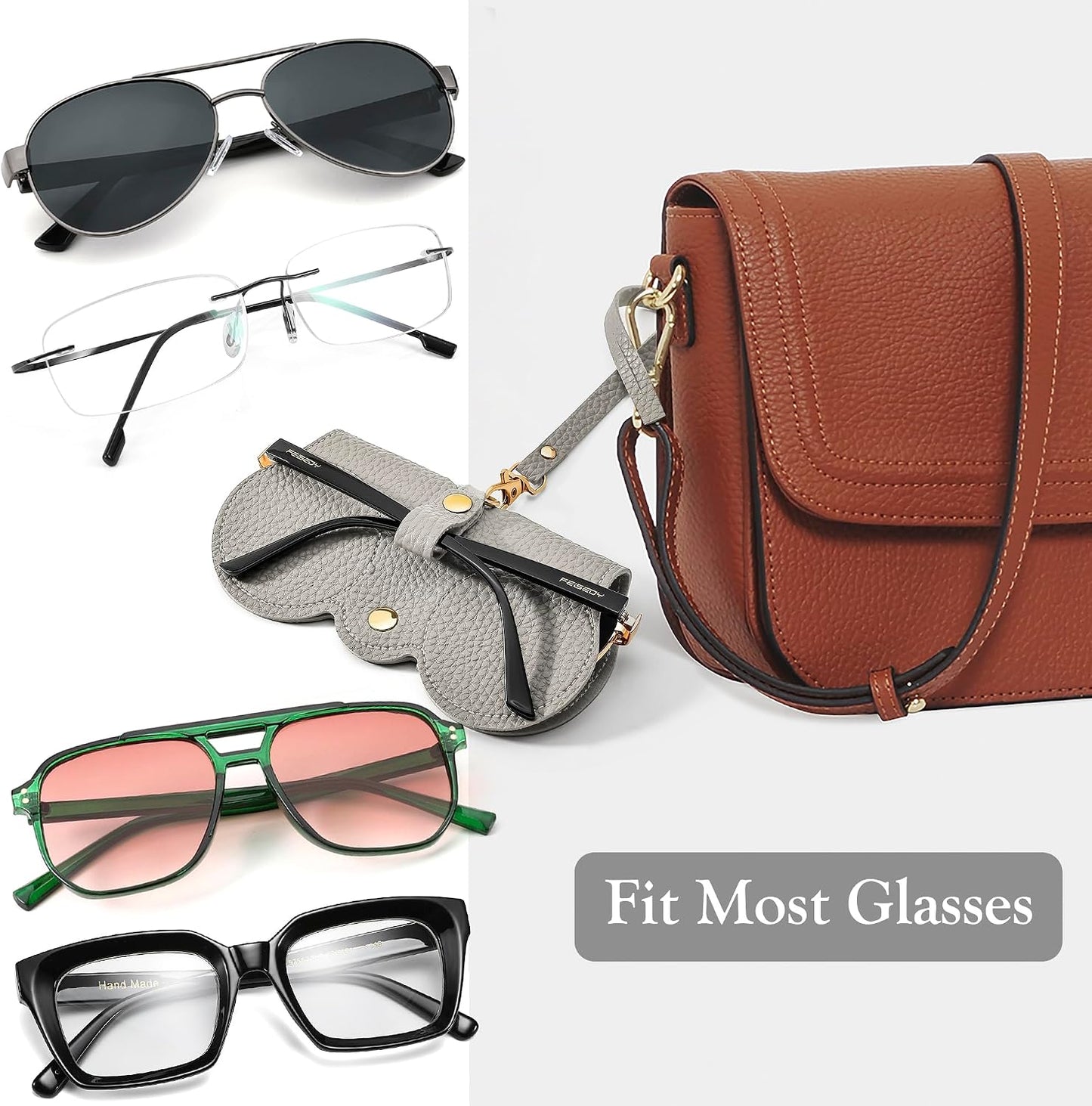 商品图片 17 | B0CFPPR4K1 | FEISEDY 2Pack Soft Leather Sunglass Bag, Portable Holder Eyeglasses Case | Lightweight Portable Design, With Button Clip Wrist Strap for Travel Daily Use B0049