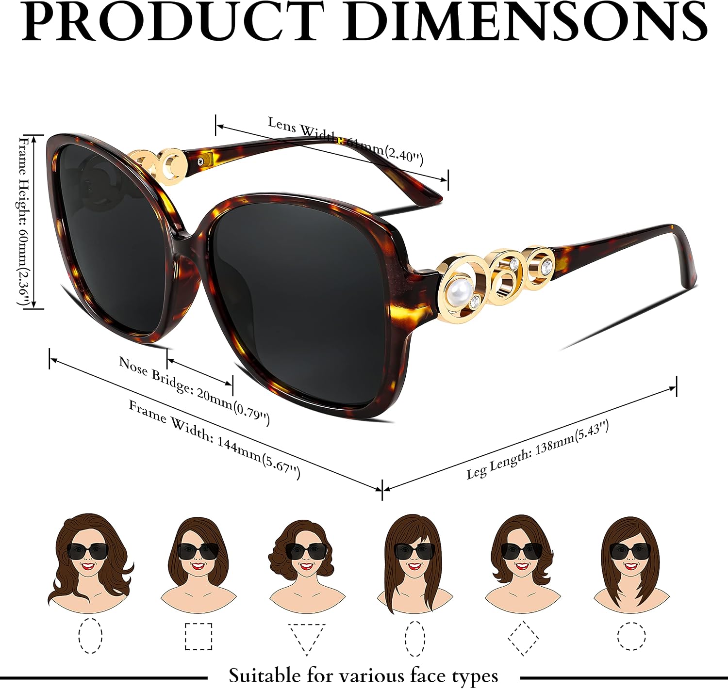 商品图片 46 | B0BJ71VZCB | FEISEDY Women's Fashion Sunglasses, Oversized Square Frame with Pearl Sparkling, Polarized UV Protection B2821