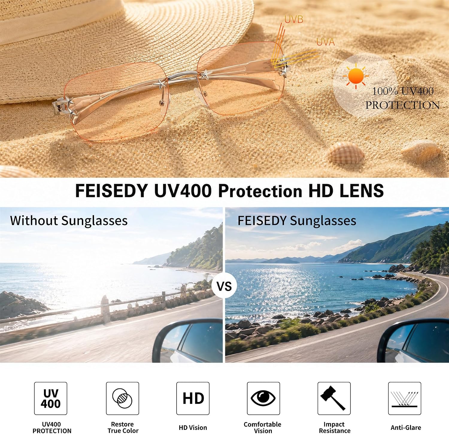 商品图片 22 | B0GX6FSM23 | FEISEDY Retro Rimless Rectangle Y2K Tinted Sunglasses for Women Men B0423