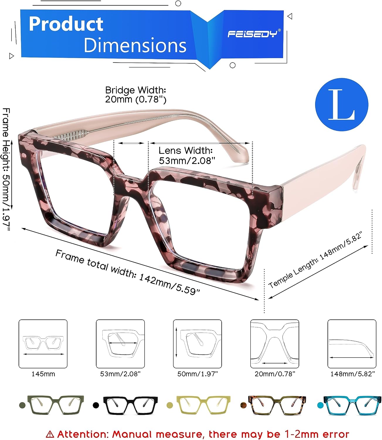 商品图片 24 | B0CDBH37B5 | FEISEDY Oversized Blue Light Glasses for Women Men TR90 Retro Square Anti Eyestrain Glasses Rectangle Fashion Frame B0037