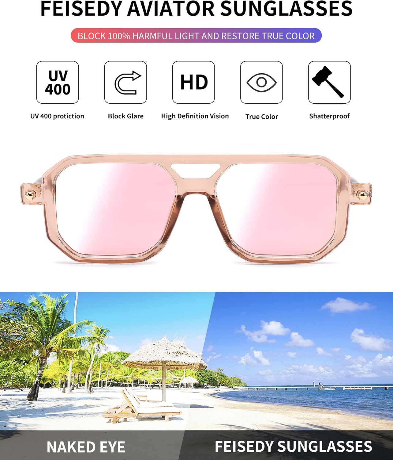 商品图片 67 | B09YTJ4FQZ | FEISEDY Vintage Square 70s Flat Aviator Sunglasses Women Men Classic Retro Stylish Frame UV400 Sunglasses B2622