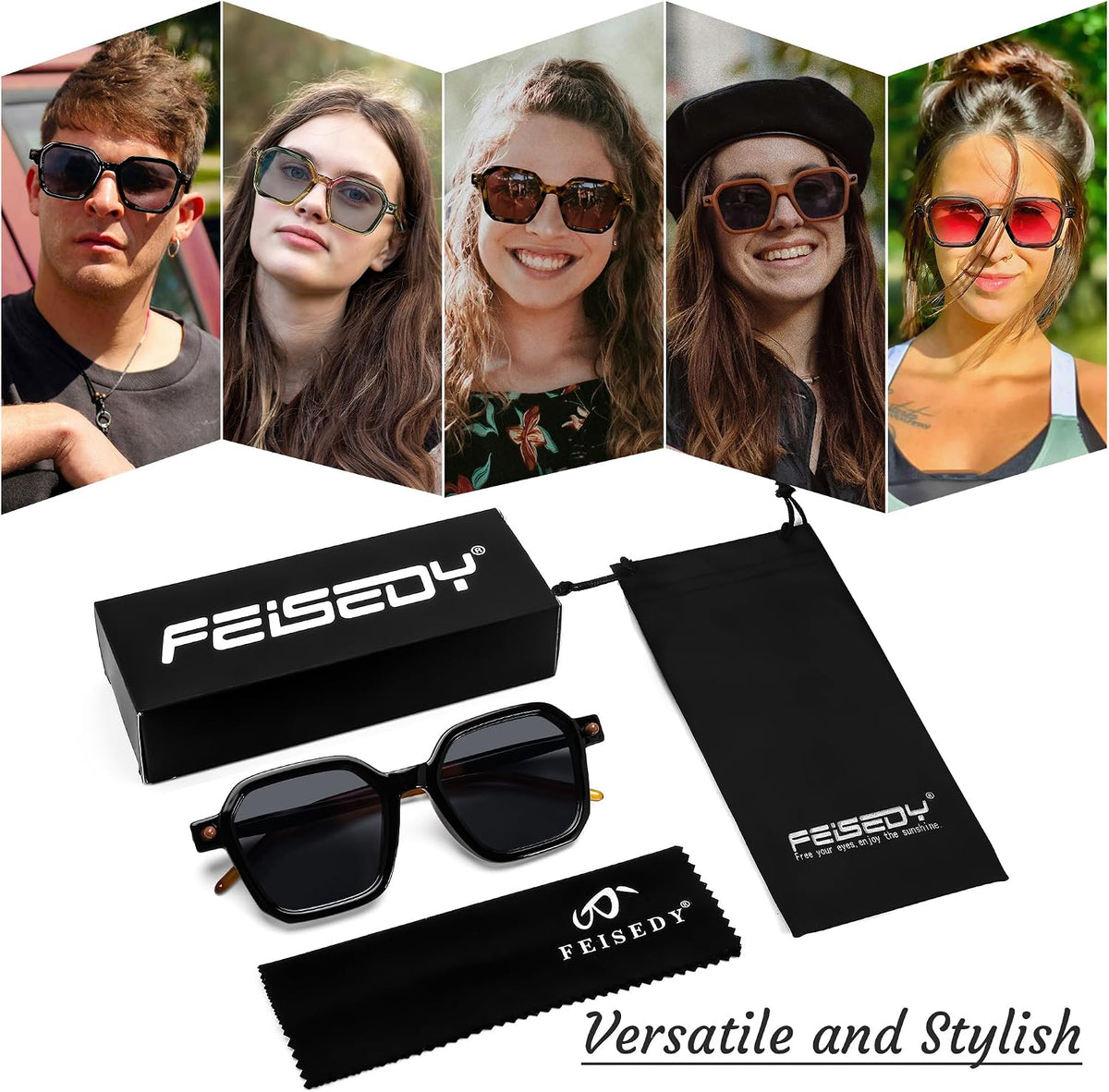 商品图片 7 | B0D4M6XXF1 | FEISEDY Vintage Square Sunglasses Men Women Classic Retro Trendy Large Frame UV400 Sun Glasses B0154