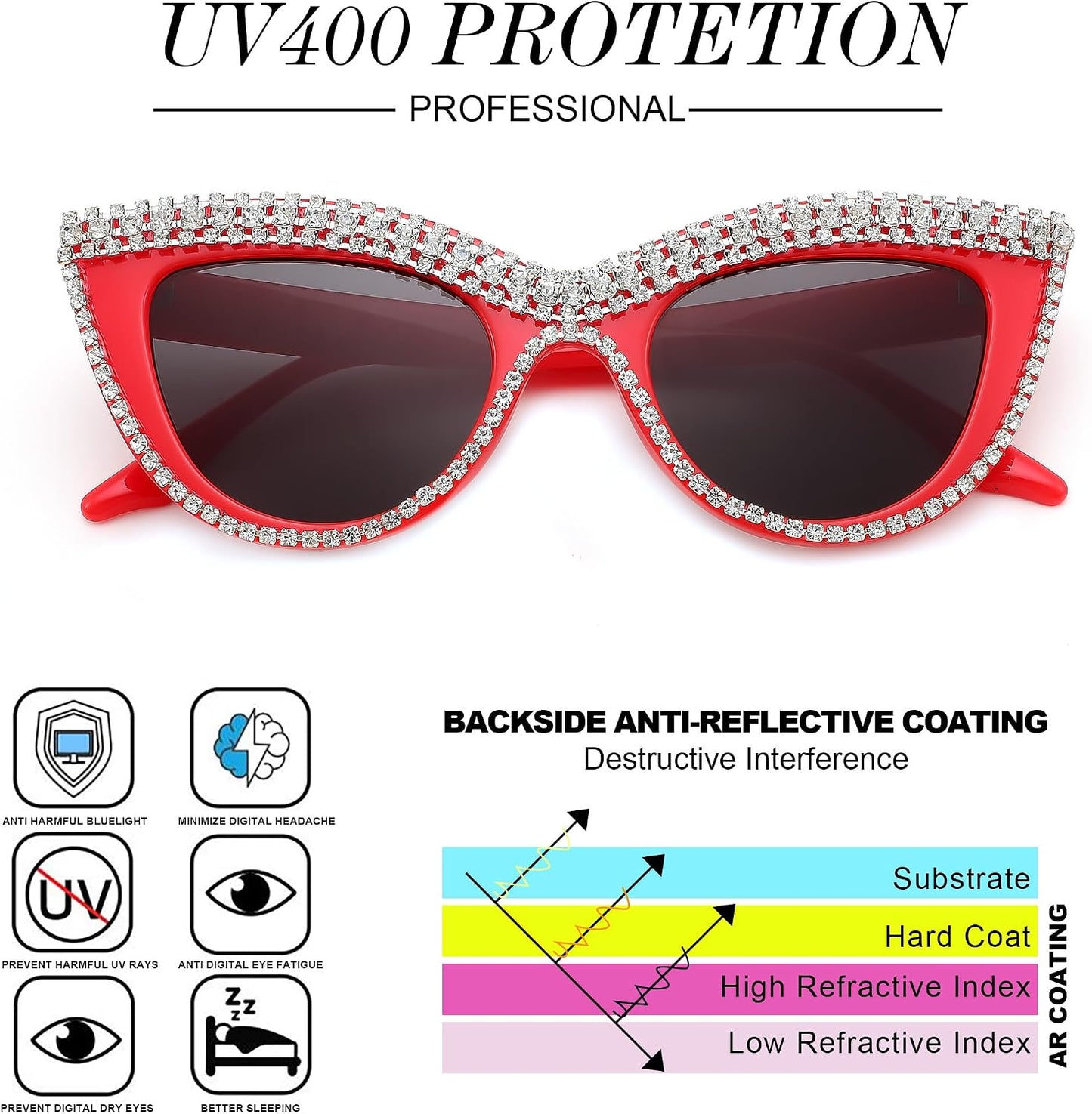 商品图片 20 | B0BZ7YMM4F | FEISEDY Oversized Women Cat Eye Rhinestone Sunglasses Costume Party B2360
