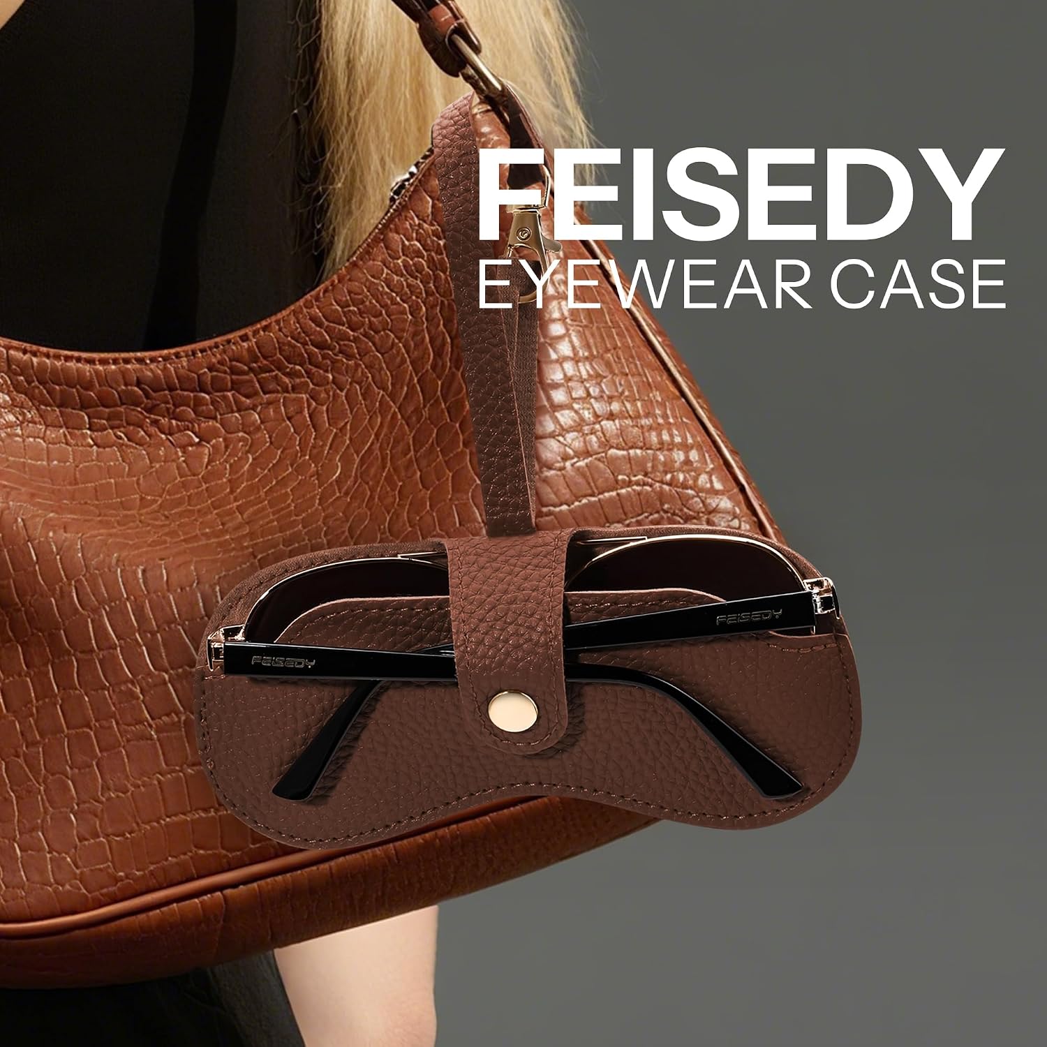 商品图片 4 | B0FMY27LR3 | FEISEDY Sunglass Case, 2Pcs Soft Leather Eyeglass Cases for Women | Slim Portable Glasses Holder, with Button-Closure Wrist Strap for Travel & Outdoor B0308