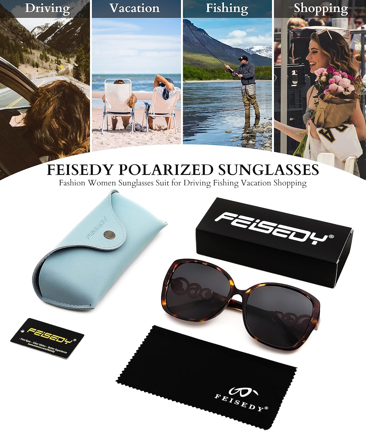 商品图片 47 | B0BJ71VZCB | FEISEDY Women's Fashion Sunglasses, Oversized Square Frame with Pearl Sparkling, Polarized UV Protection B2821