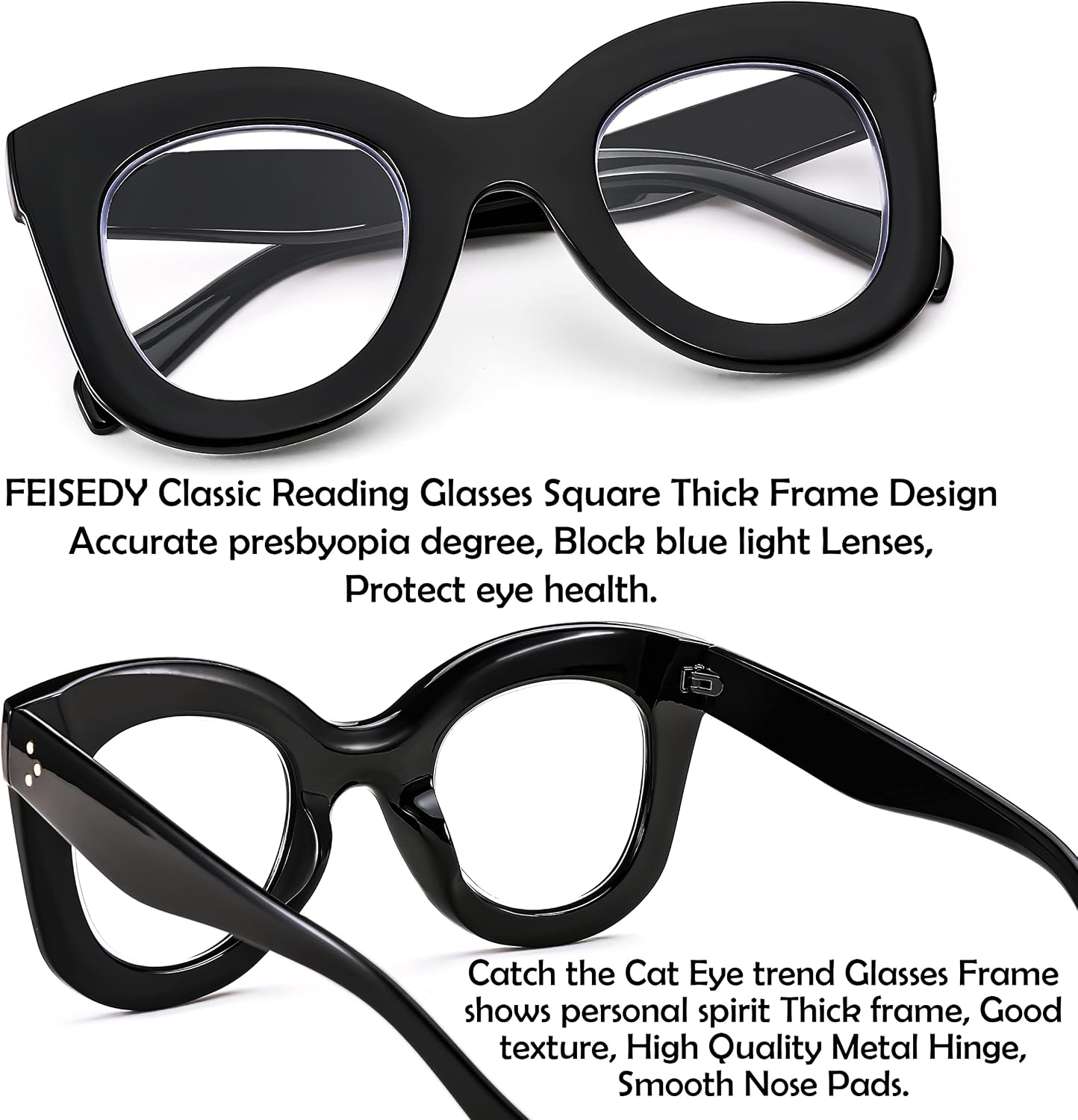 商品图片 4 | B0BGXNJFW2 | FEISEDY Retro Oversized Blue Light Blocking Reading Glasses Thick Frame Anti Glare Digital Eyestrain Readers B2980