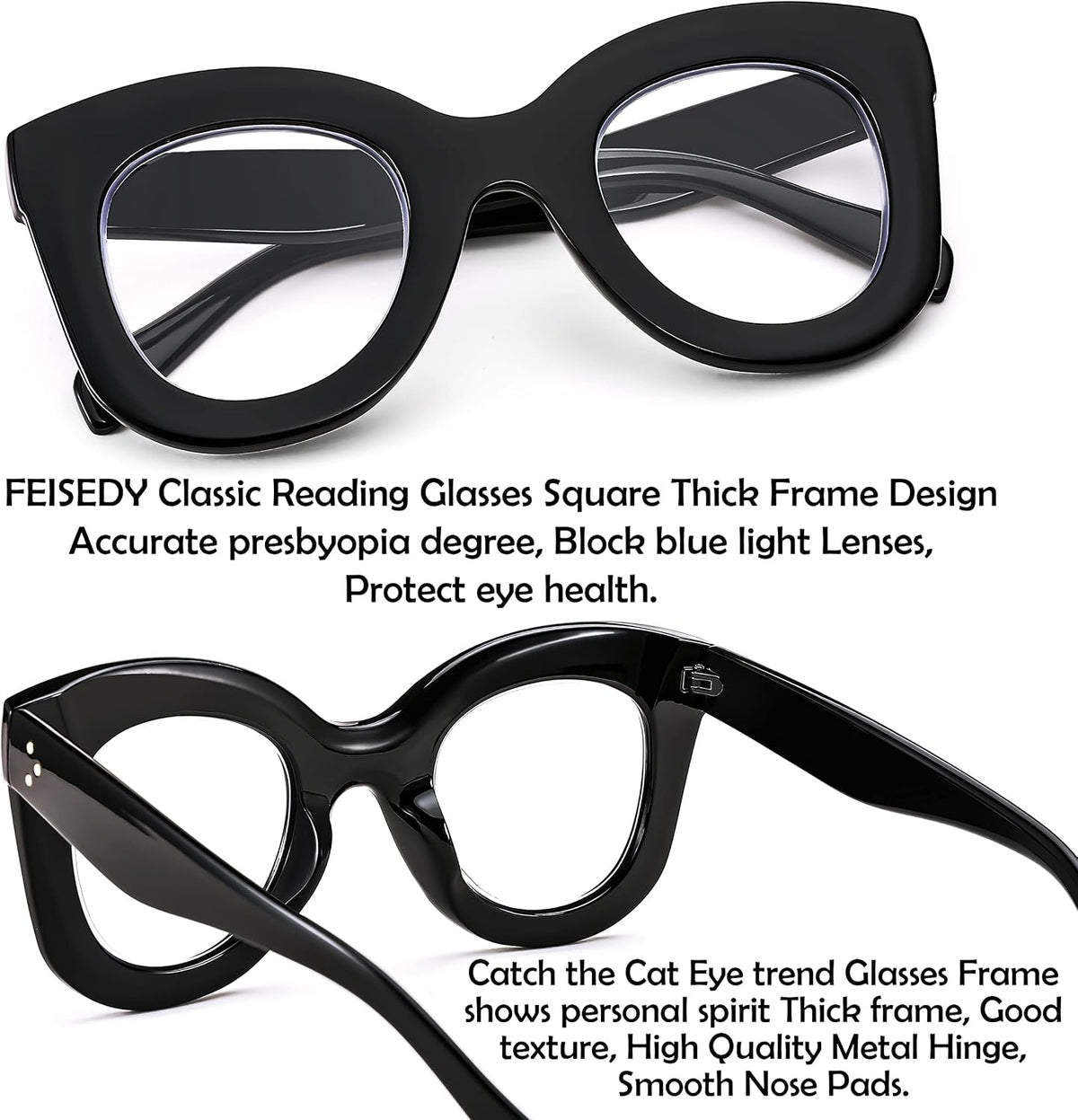 商品图片 4 | B0BGPJR4XZ | FEISEDY Retro Oversized Blue Light Blocking Reading Glasses Thick Frame Anti Glare Digital Eyestrain Readers B2980