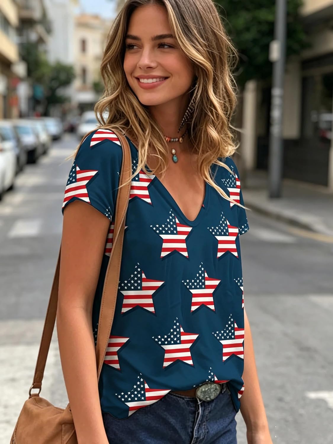 商品图片 2 | B0H4KKXKVY | Women's 4th of July American Flag Print T-Shirt, V Neck Short Sleeve Patriotic Casual Tops for Independence Day, Navy Blue