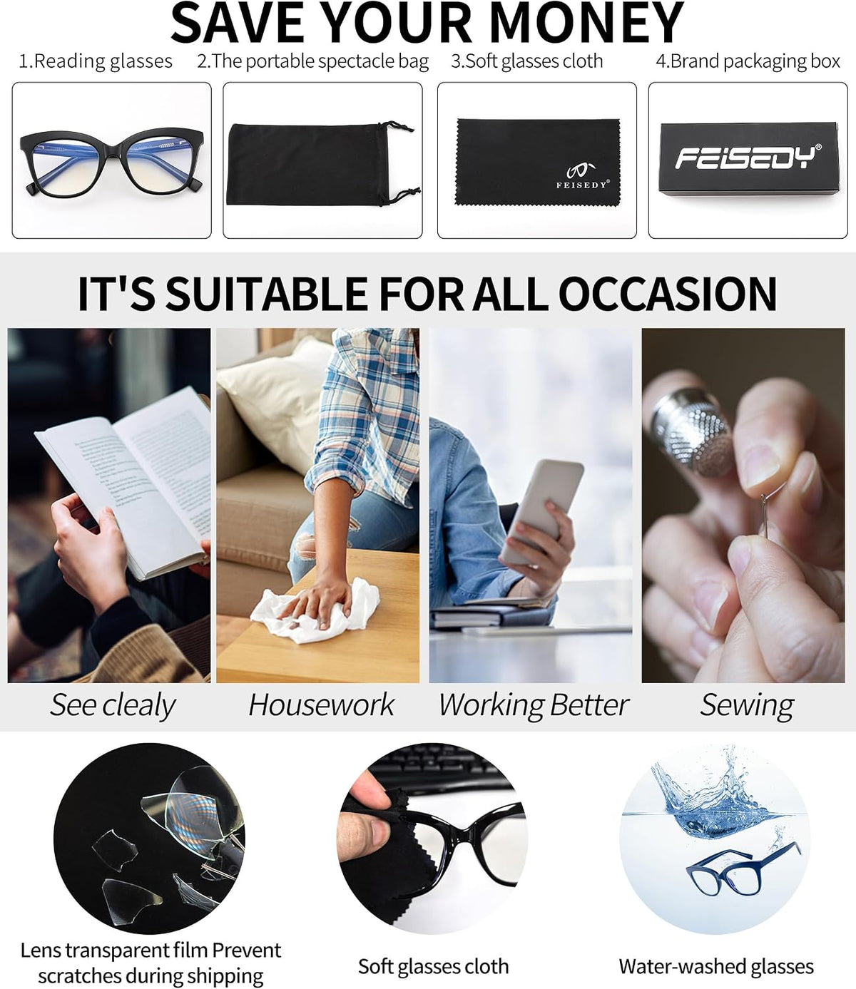 ÉÌƷͼƬ 21 | B0CNGMZZZX | FEISEDY Retro Square Reading Glasses Anti Glare Digital Blue Light Blocking Eyestrain for Women Reader B0058