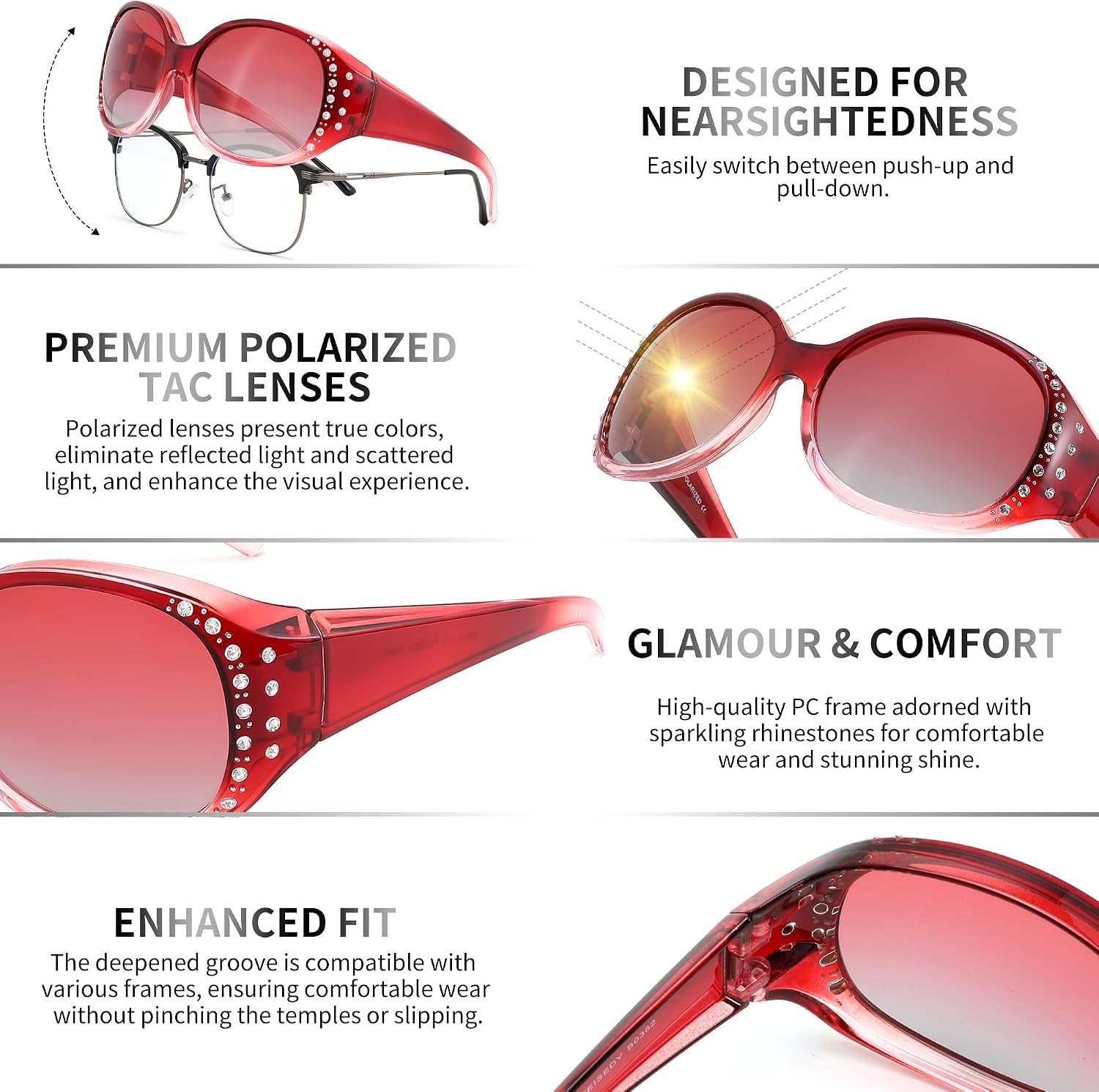 商品图片 33 | B0GRVLVZYS | FEISEDY Women's Polarized Wrap-Around Fit Over Sunglasses with Rhinestones, Anti-Glare Driving Sun Glasses B0362