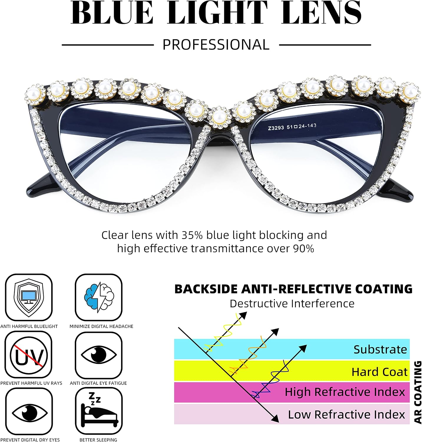 商品图片 9 | B0BLH5NHK8 | FEISEDY Diamond Blue Light Blocking Glasses Cat Eye Rhinestone Women Oversized Anti Eyestrain Computer Glasses Frame B2358