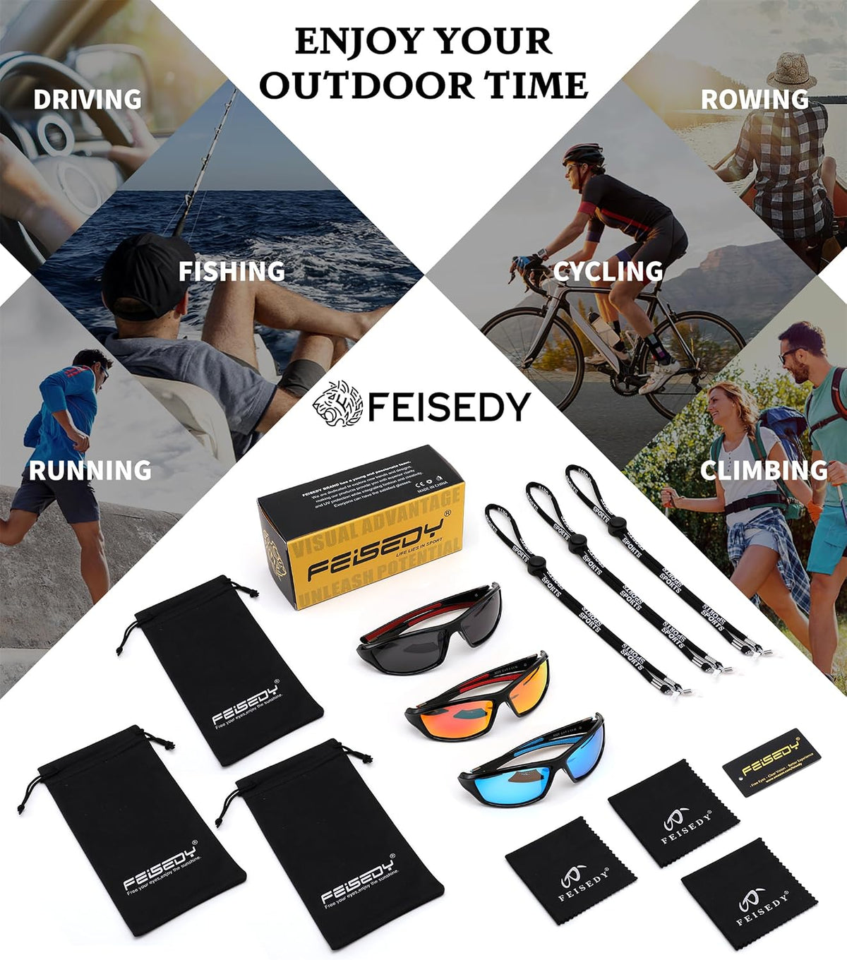 ÉÌƷͼƬ 43 | B0FG2NFPX3 | FEISEDY 3 Pack Polarized Sports Sunglasses for Men, Wrap Around Frame, UV400 Protection, Fishing Driving Cycling B2674