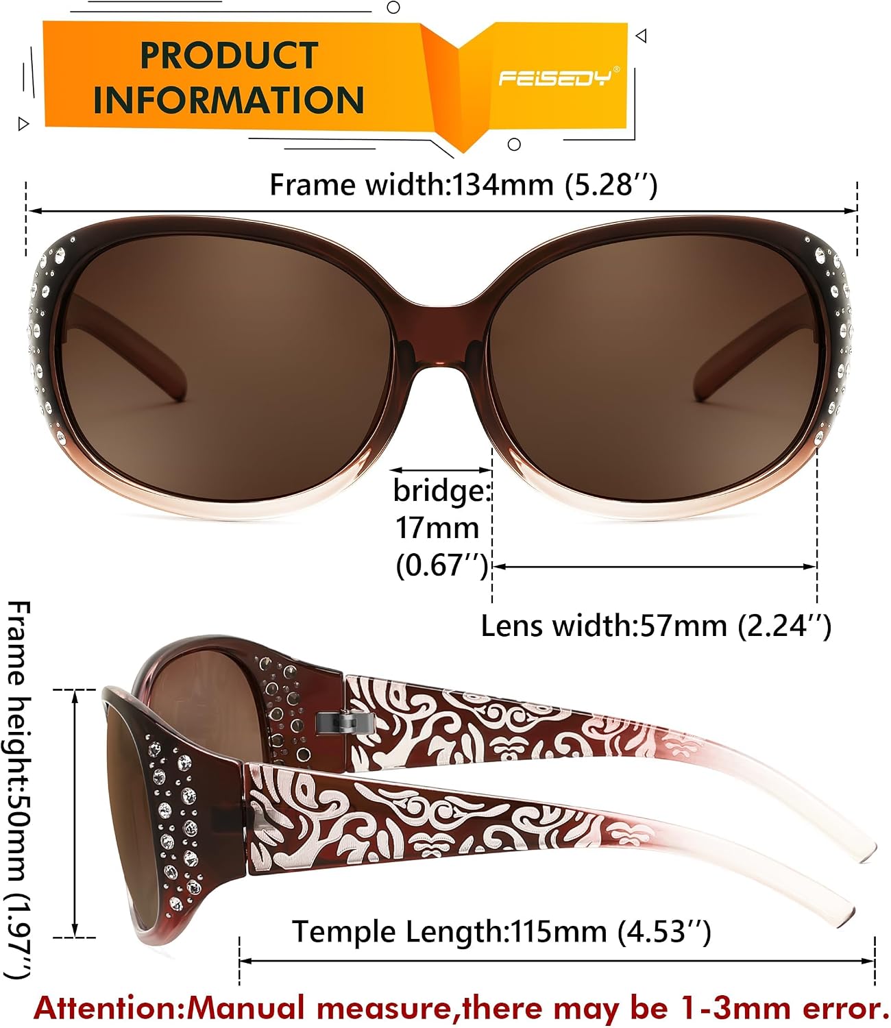 商品图片 39 | B0FZT6D16L | FEISEDY Women's Polarized Sunglasses Wrap Around Rhinestone Design Fashion Sunnies UV400 Protection B1091