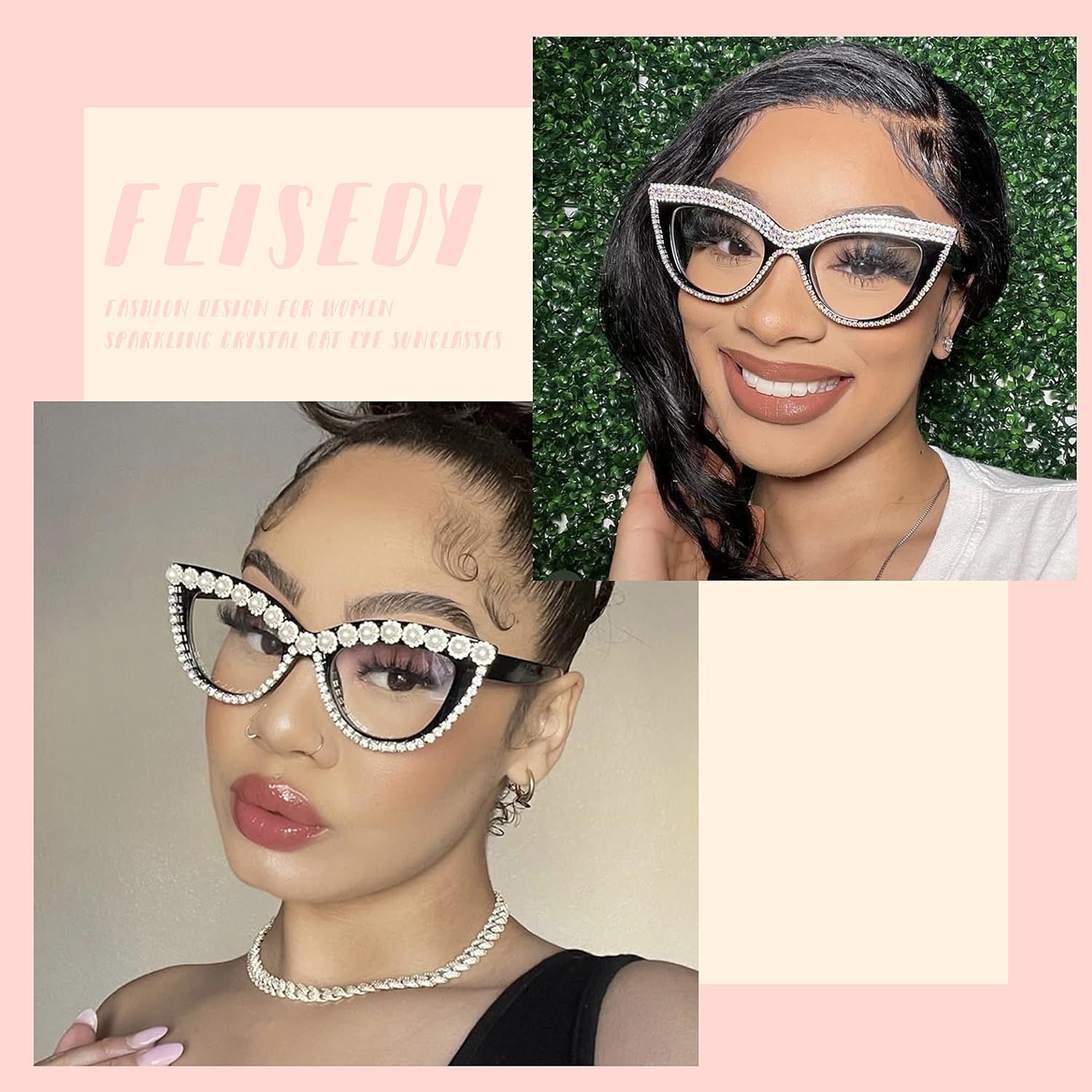 商品图片 6 | B0BLH5NHK8 | FEISEDY Diamond Blue Light Blocking Glasses Cat Eye Rhinestone Women Oversized Anti Eyestrain Computer Glasses Frame B2358