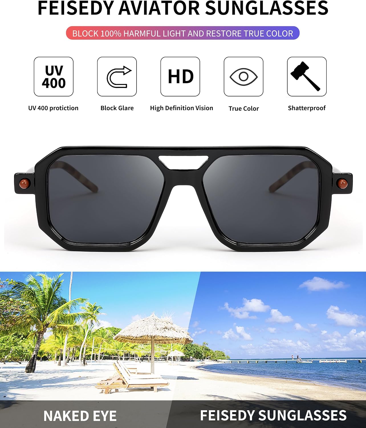 商品图片 71 | B09YTJ4FQZ | FEISEDY Vintage Square 70s Flat Aviator Sunglasses Women Men Classic Retro Stylish Frame UV400 Sunglasses B2622