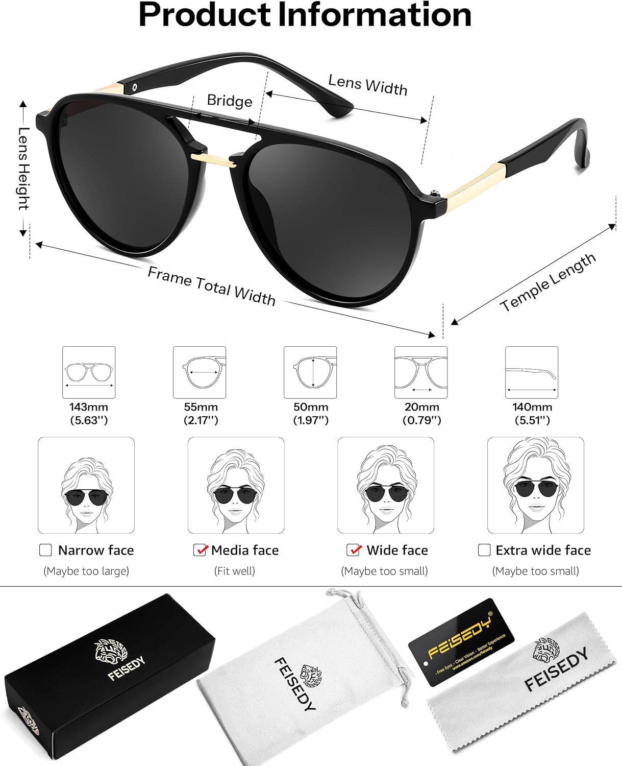 商品图片 7 | B0H1BPNZ36 | FEISEDY 70s Retro Aviator Sunglasses Polarized UV400 for Men Women B0453