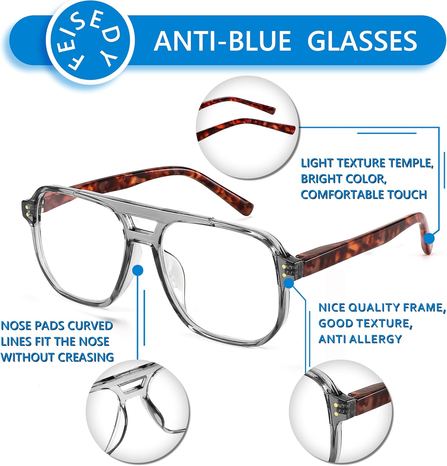 商品图片 14 | B0CHJST8ZK | FEISEDY Retro Aviator Reading Glasses Women Men Blue Light Blocking Reader Plastic Lightweight Frame B0071