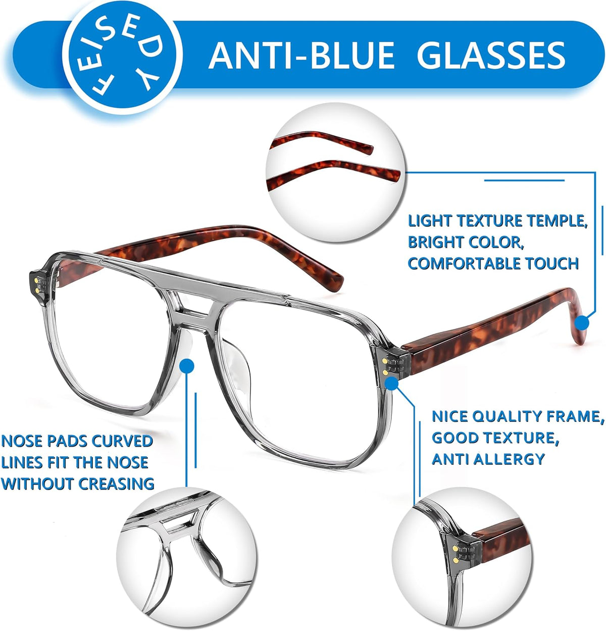 ÉÌƷͼƬ 14 | B0CHJST8ZK | FEISEDY Retro Aviator Reading Glasses Women Men Blue Light Blocking Reader Plastic Lightweight Frame B0071