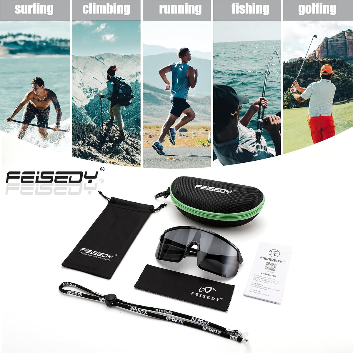 ÉÌƷͼƬ 28 | B0DGTRTMPX | FEISEDY Sports Sunglasses for Men and Women, Large Rectangular Lens, Baseball Cycling Running Sunglasses B0243