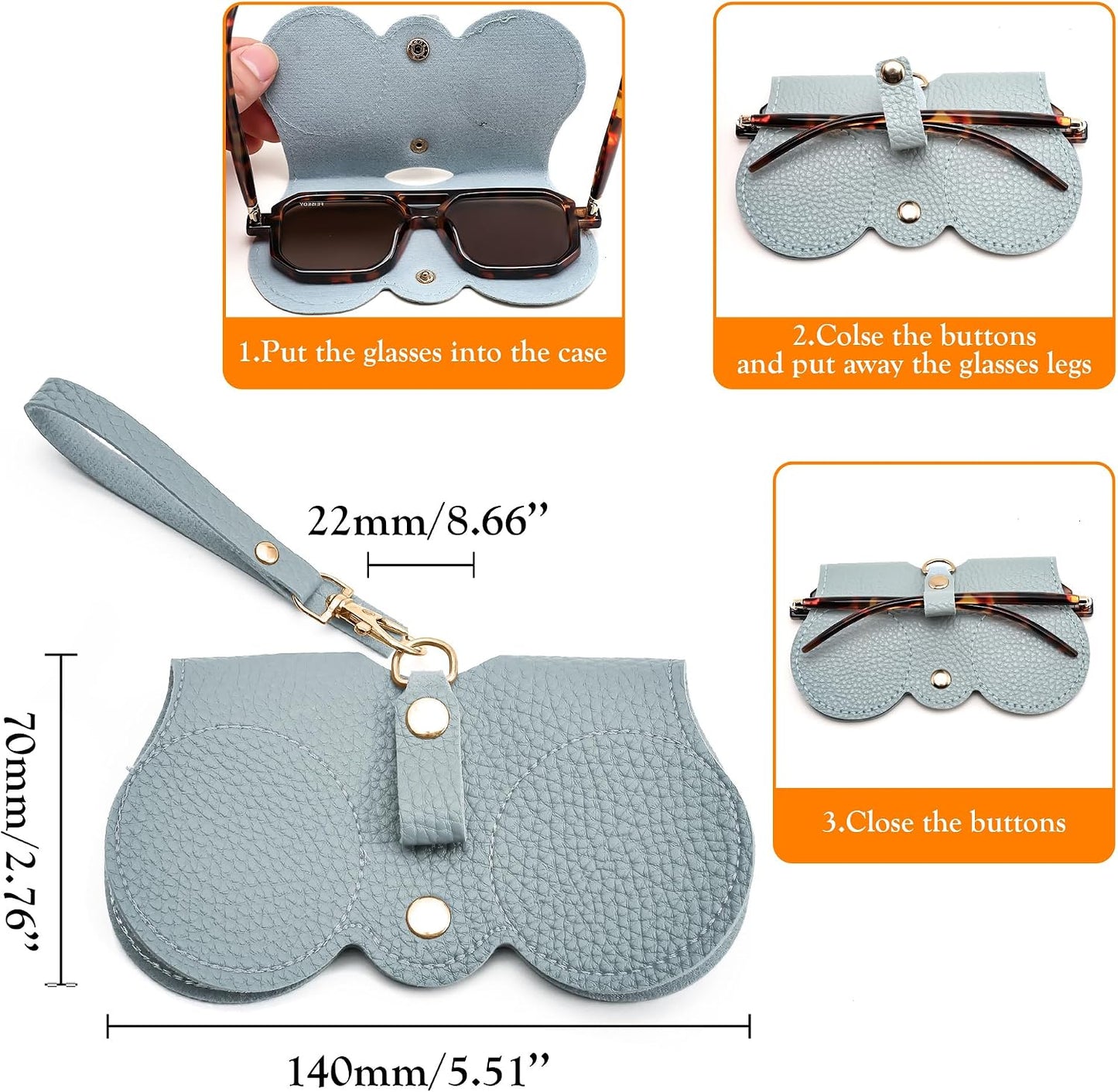商品图片 10 | B0CFPPR4K1 | FEISEDY 2Pack Soft Leather Sunglass Bag, Portable Holder Eyeglasses Case | Lightweight Portable Design, With Button Clip Wrist Strap for Travel Daily Use B0049