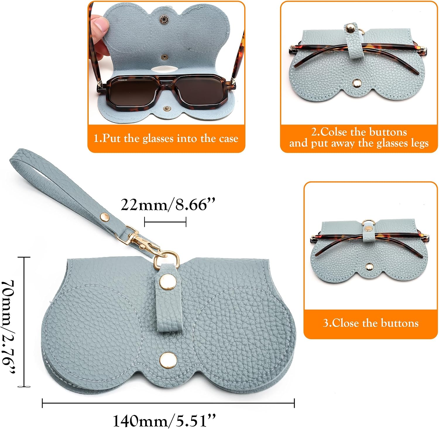 商品图片 10 | B0CFPPR4K1 | FEISEDY 2Pack Soft Leather Sunglass Bag, Portable Holder Eyeglasses Case | Lightweight Portable Design, With Button Clip Wrist Strap for Travel Daily Use B0049