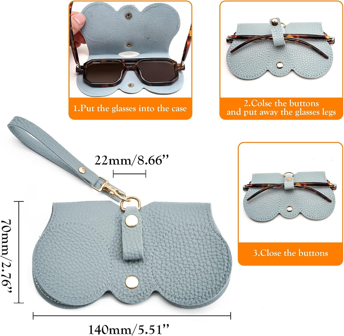 商品图片 10 | B0CFPPR4K1 | FEISEDY 2Pack Soft Leather Sunglass Bag, Portable Holder Eyeglasses Case | Lightweight Portable Design, With Button Clip Wrist Strap for Travel Daily Use B0049