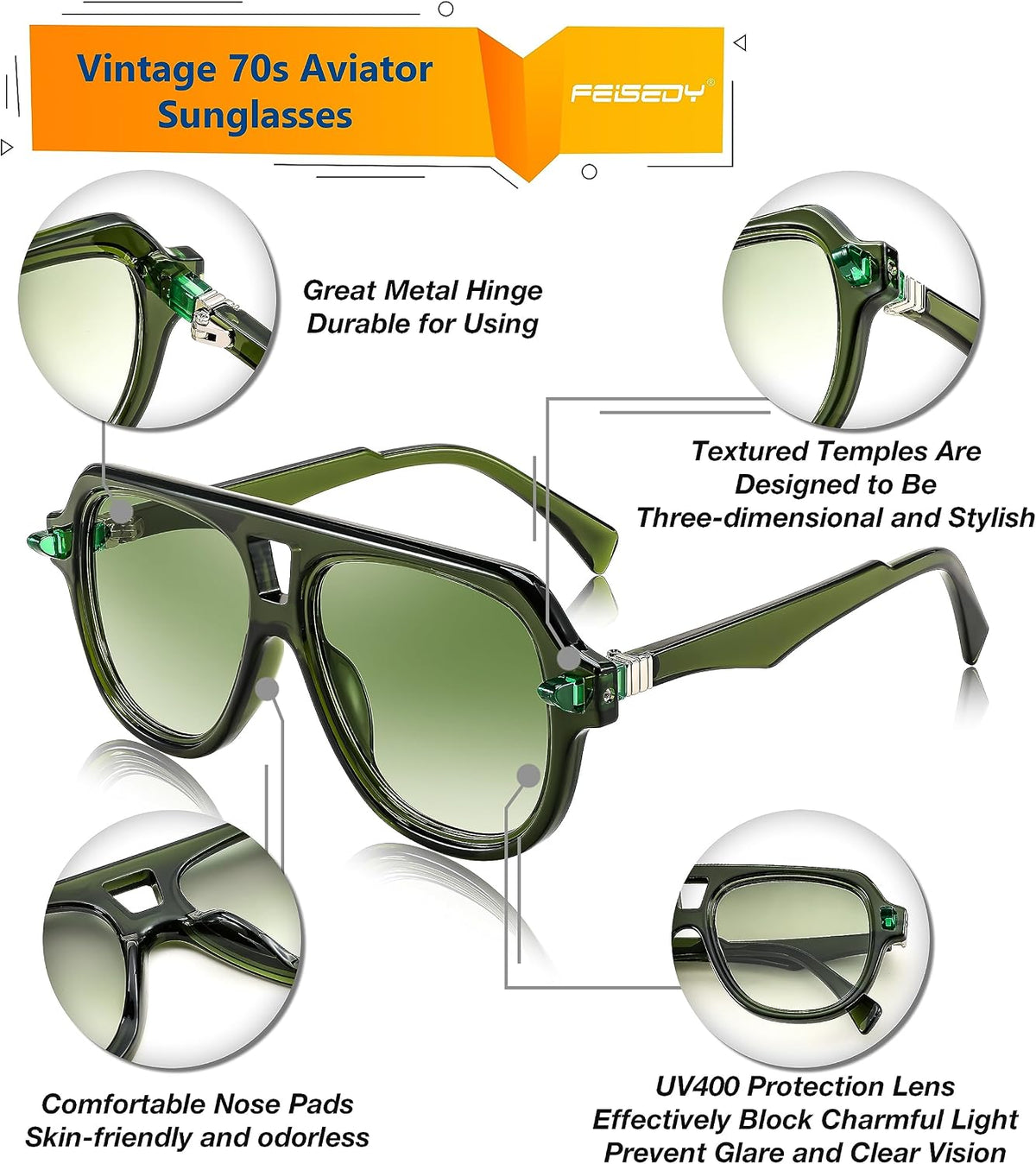 ÉÌƷͼƬ 4 | B0CDGNN3ZN | FEISEDY Vintage 70s Aviator Sunglasses Men Women Classic Retro Trendy Large Frame UV400 Sun Glasses B0030