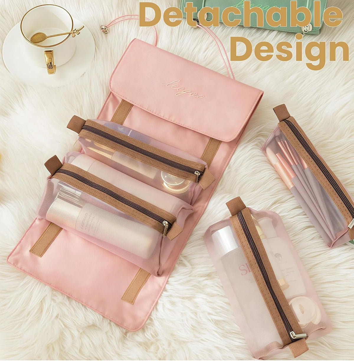商品图片 2 | B0H2HFYNR8 | Roll Up Toiletry Bag for Travel, 4 in 1 Detachable Travel Wash Large Capacity Portable Cosmetic Organizer Makeup Bags, Pink