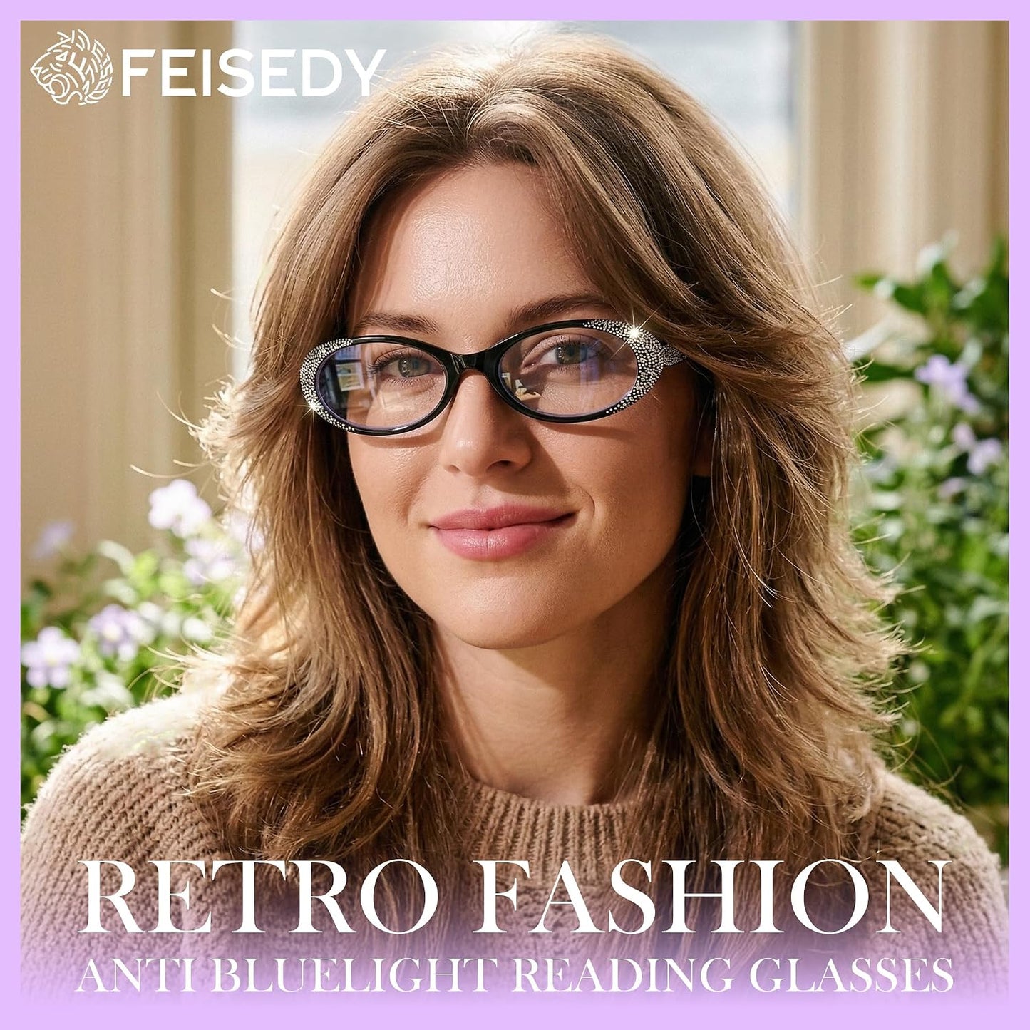 商品图片 2 | B0GQGH2F9W | FEISEDY 3 Pack Oval Reading Glasses Women Blue Light with Rhinestone B0375