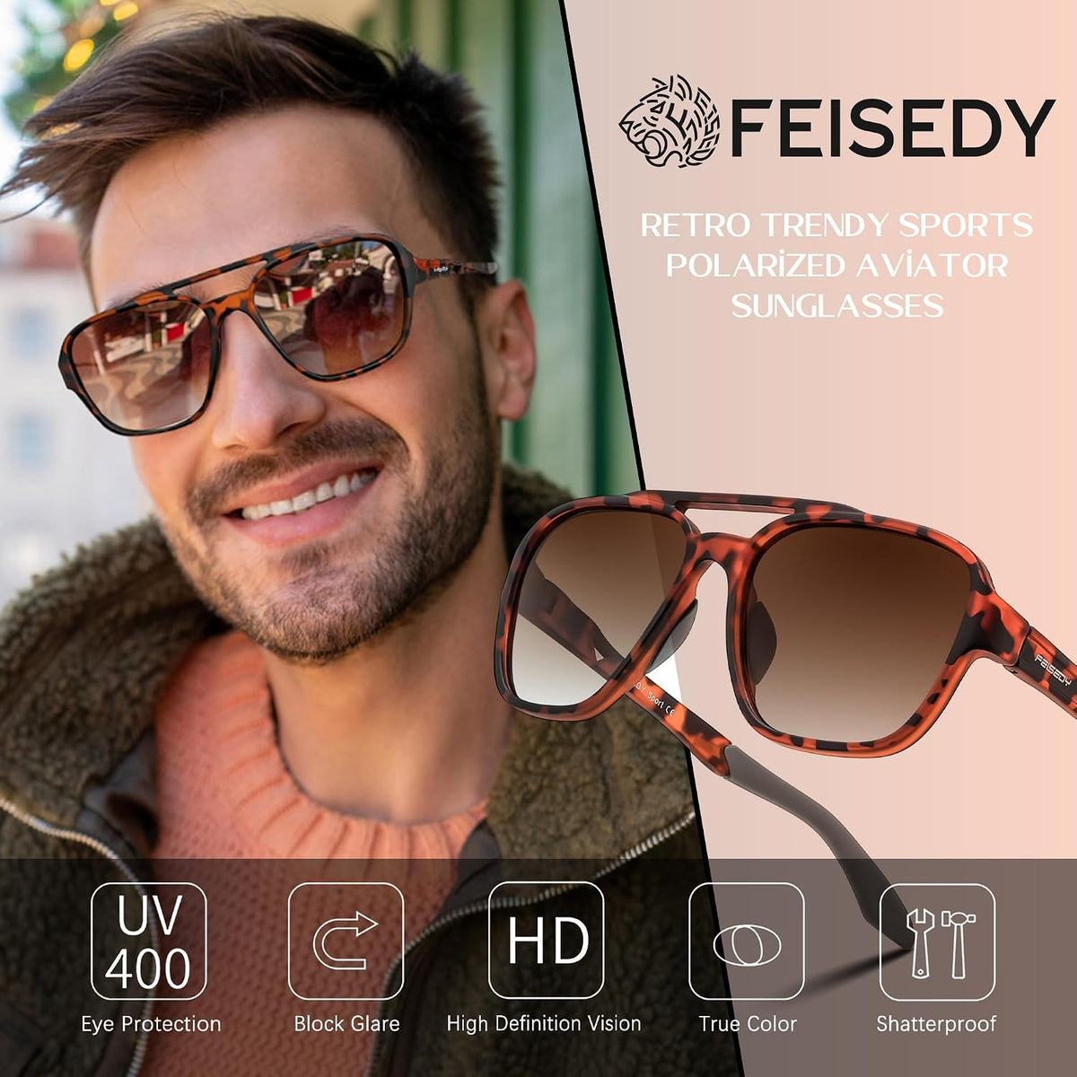 ÉÌƷͼƬ 10 | B0DSVK9L2R | FEISEDY Retro Aviator Polarized Sunglasses Women Men Outdoors B0260