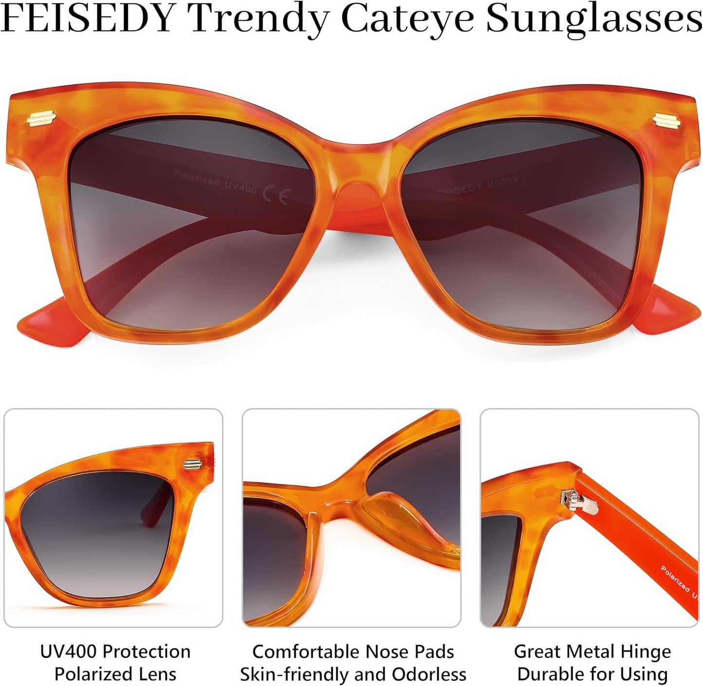 商品图片 11 | B0CJNSZC8B | FEISEDY Trendy Polarized Sunglasses, Retro Cateye Frame for Women, UV400 Protection Shades B0009