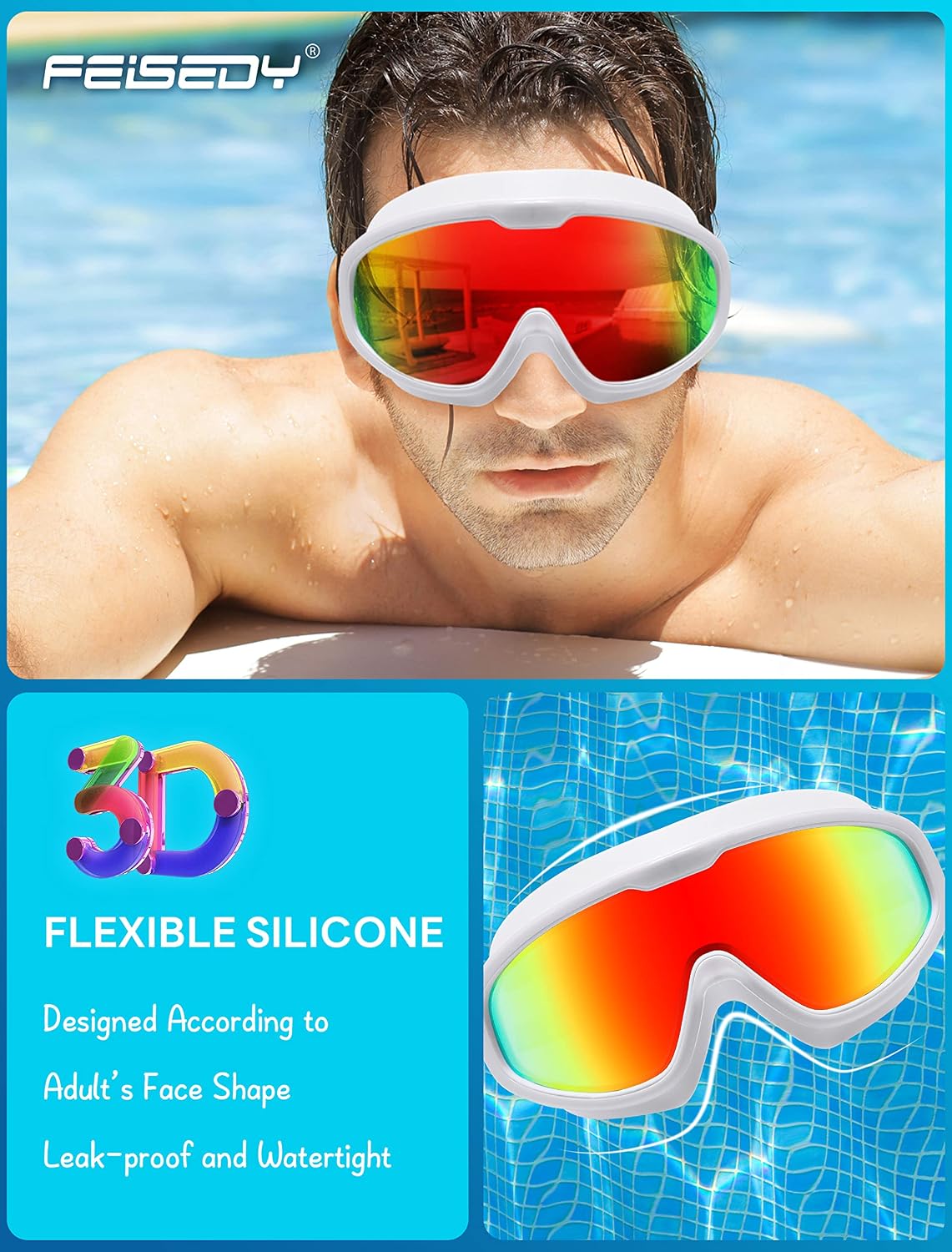 商品图片 14 | B0BWF3RZK7 | FEISEDY Swim Goggles No Leaking Anti-Fog Pool Goggles Swimming Goggles Adult Men Women Youth, 180° Clear Vision UV400 B2389
