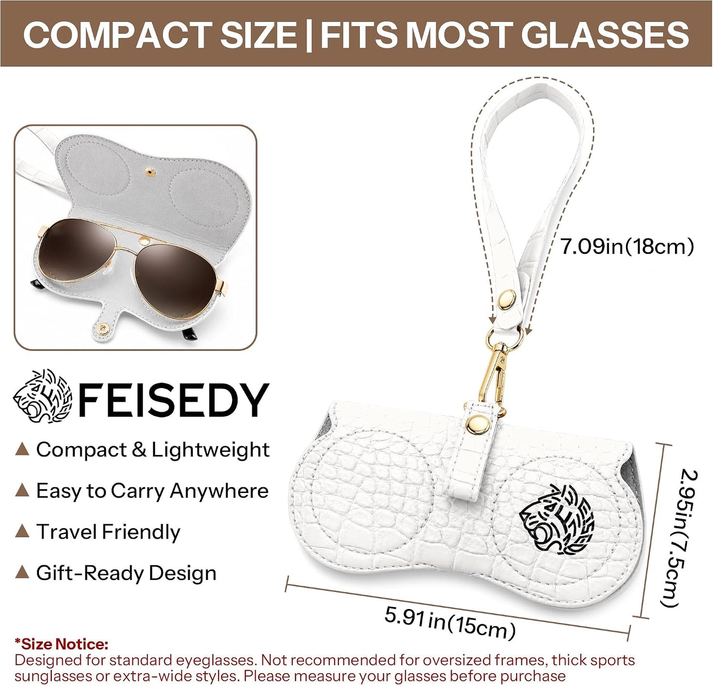 商品图片 12 | B0H4QTYMQP | FEISEDY Soft Crocodile Textured Leather Sunglass Bag, Portable Glasses Pouch With Button Clip Wrist Strap B0366