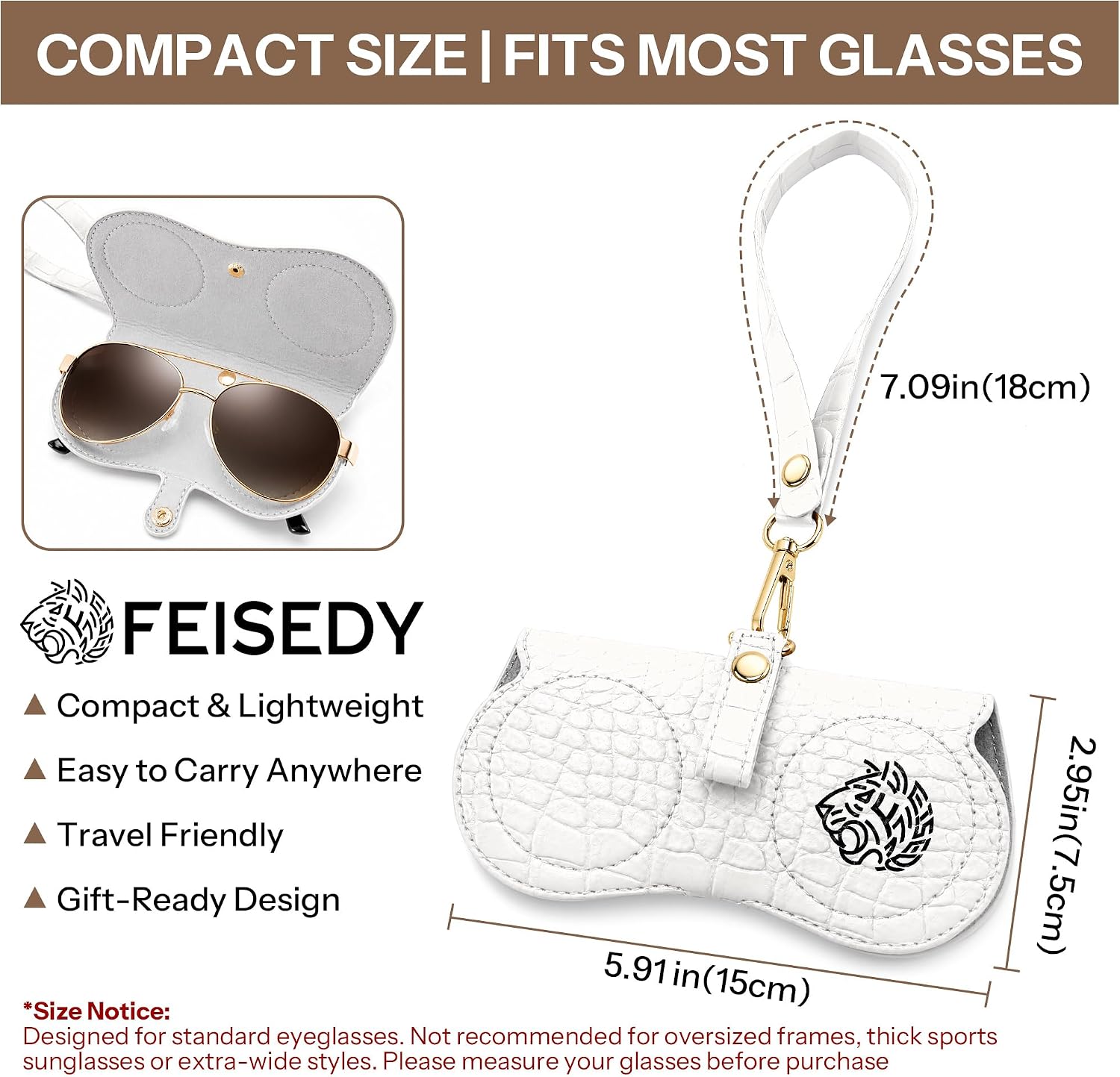 商品图片 12 | B0H4QTYMQP | FEISEDY Soft Crocodile Textured Leather Sunglass Bag, Portable Glasses Pouch With Button Clip Wrist Strap B0366