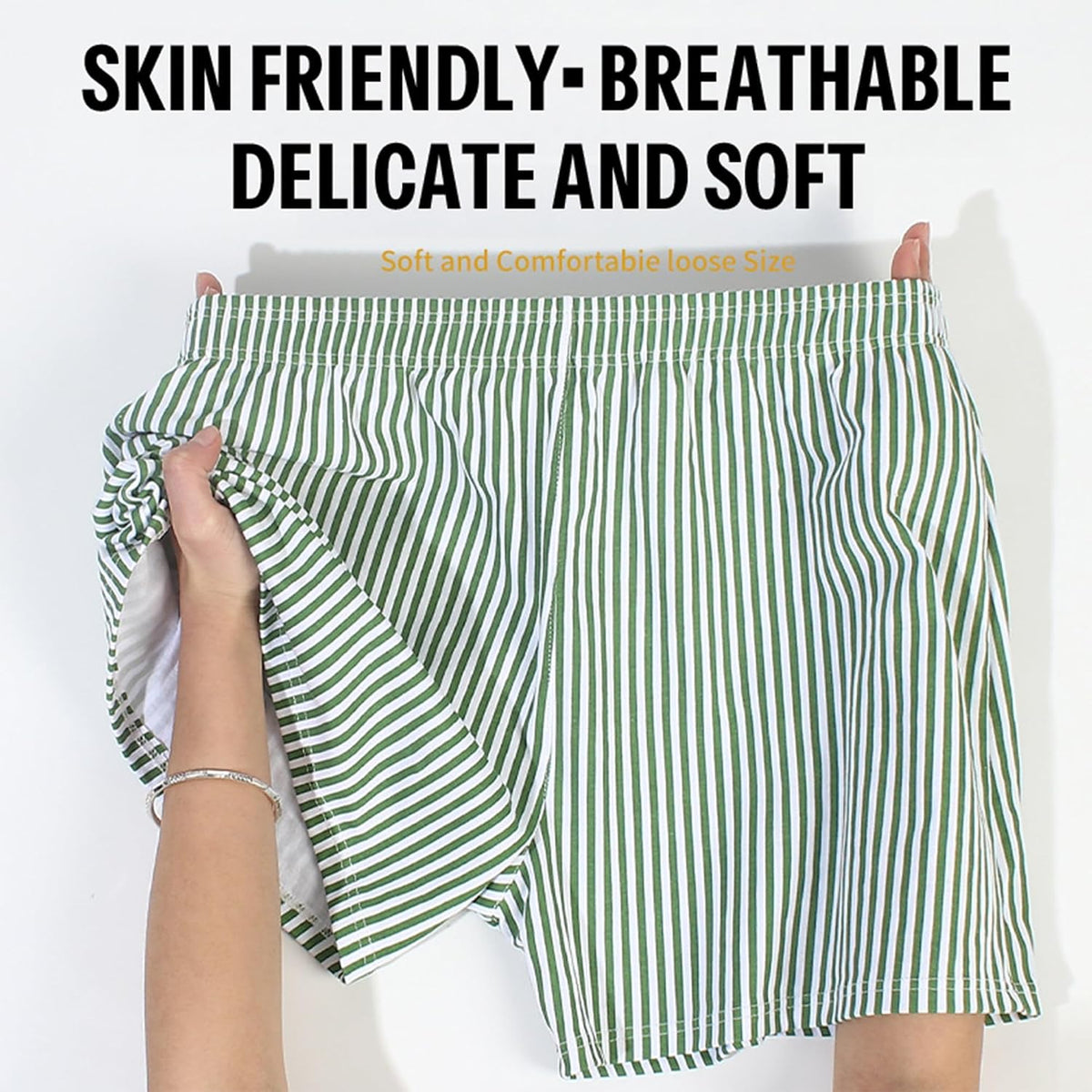 商品图片 2 | B0GXPJ2756 | Men's Loose Fit Boxer Shorts 95% Cotton Blend Striped Soft Breathable Underwear, Casual Lounge Sleep Shorts (M-3XL), Green