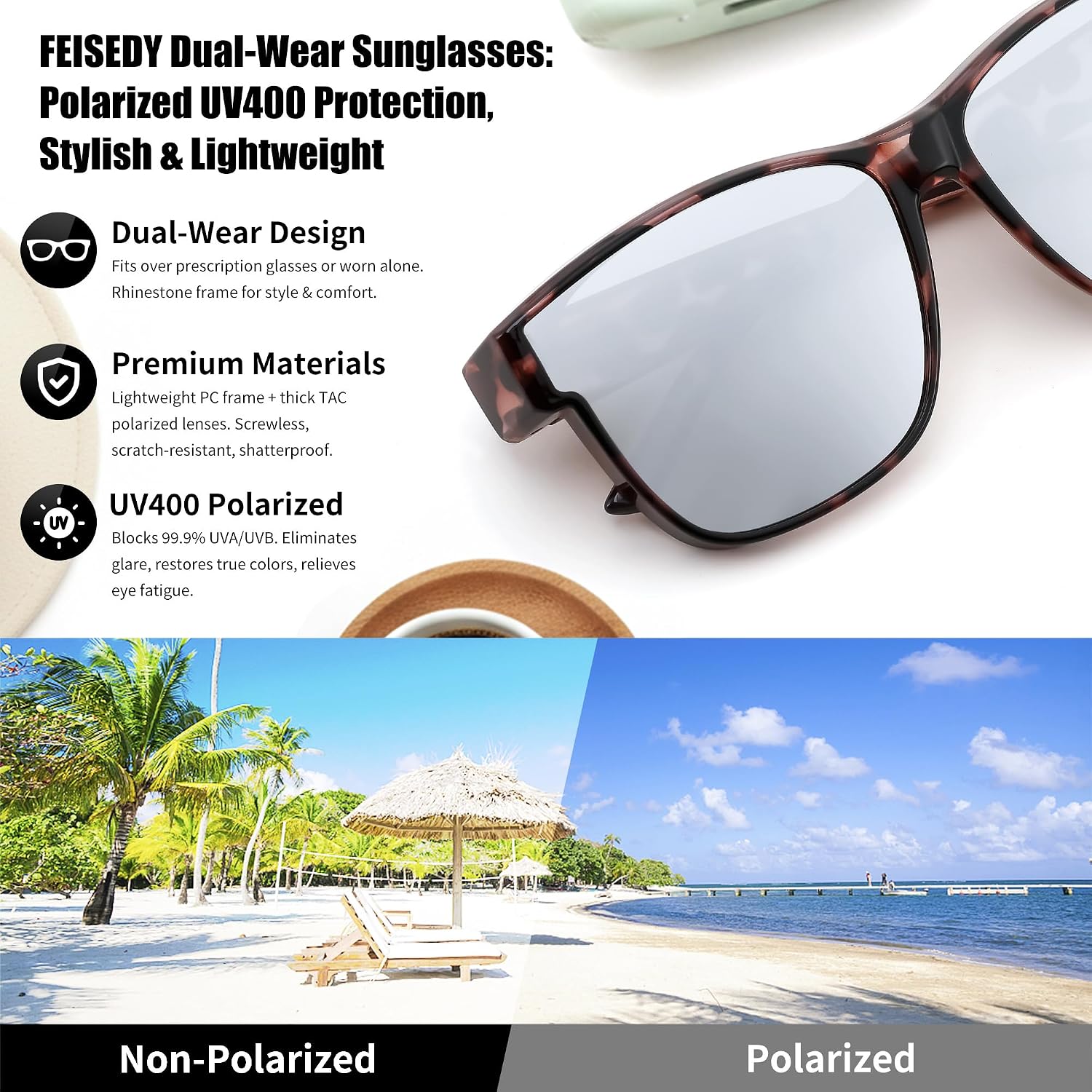 商品图片 6 | B0GQH1CMTJ | FEISEDY Fit Over Glasses Polarized Sunglasses Oversized Square UV400 B0250