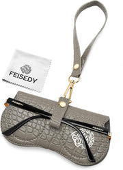 Light Khaki Gray | B0H4R4KWTH | FEISEDY Soft Crocodile Textured Leather Sunglass Bag, Portable Glasses Pouch With Button Clip Wrist Strap B0366