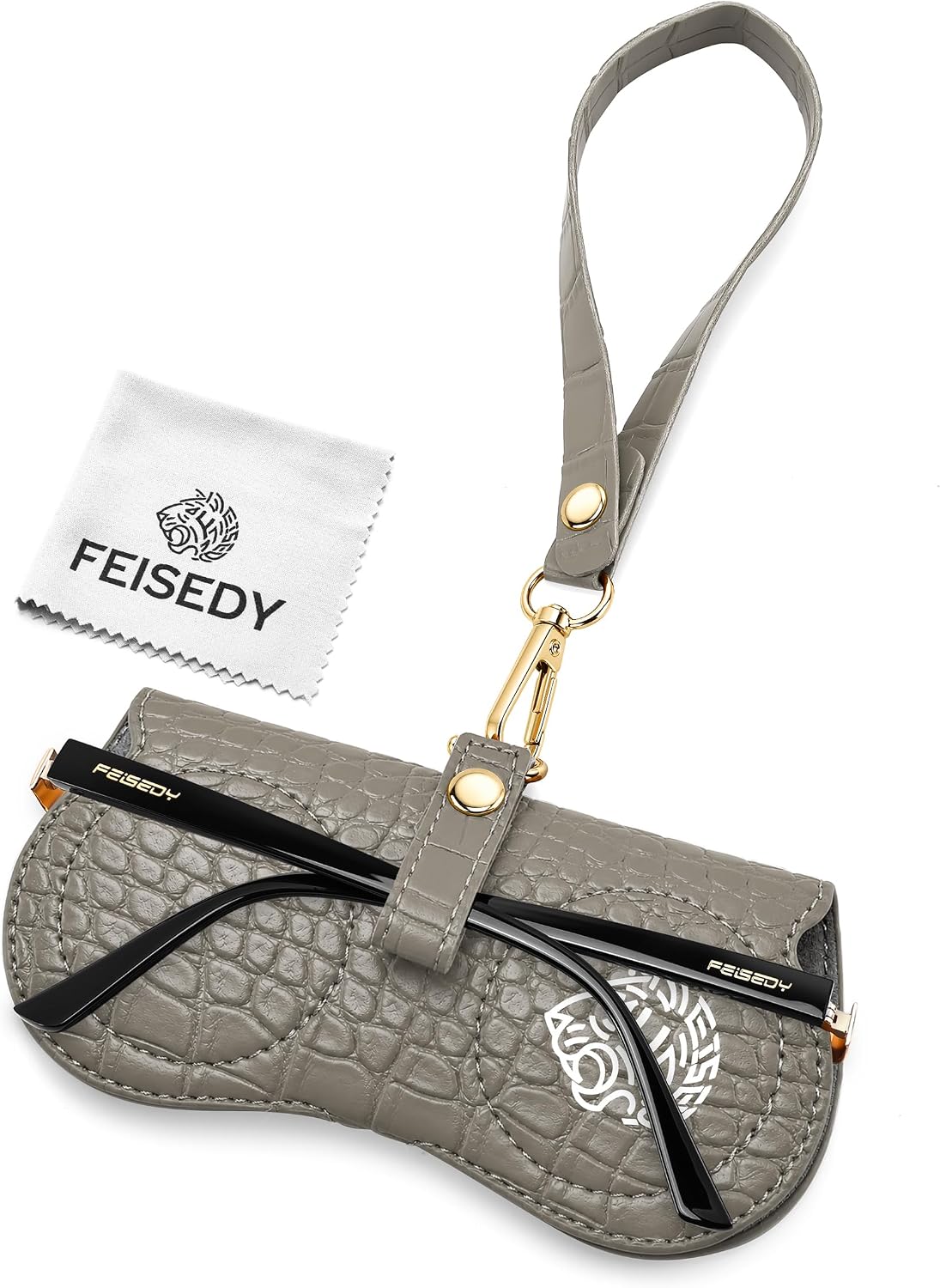 Light Khaki Gray | B0H4R4KWTH | FEISEDY Soft Crocodile Textured Leather Sunglass Bag, Portable Glasses Pouch With Button Clip Wrist Strap B0366