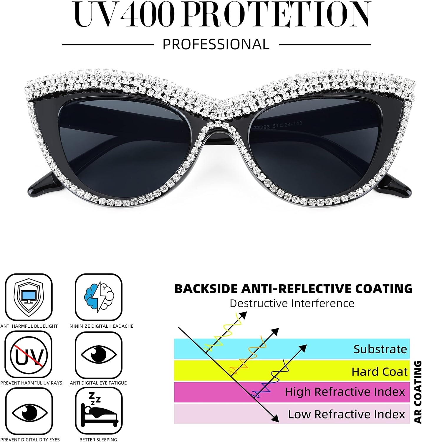商品图片 55 | B0BZ7YMM4F | FEISEDY Oversized Women Cat Eye Rhinestone Sunglasses Costume Party B2360