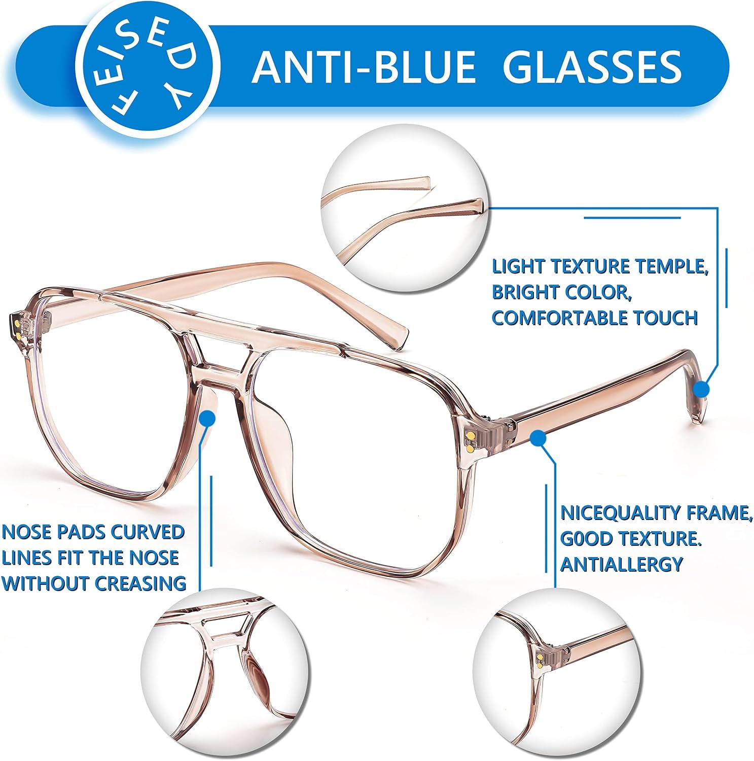 商品图片 74 | B0C6ZZXZ3F | FEISEDY Blue Light Glasses for Women Men Oversized Pilot Lightweight B2866