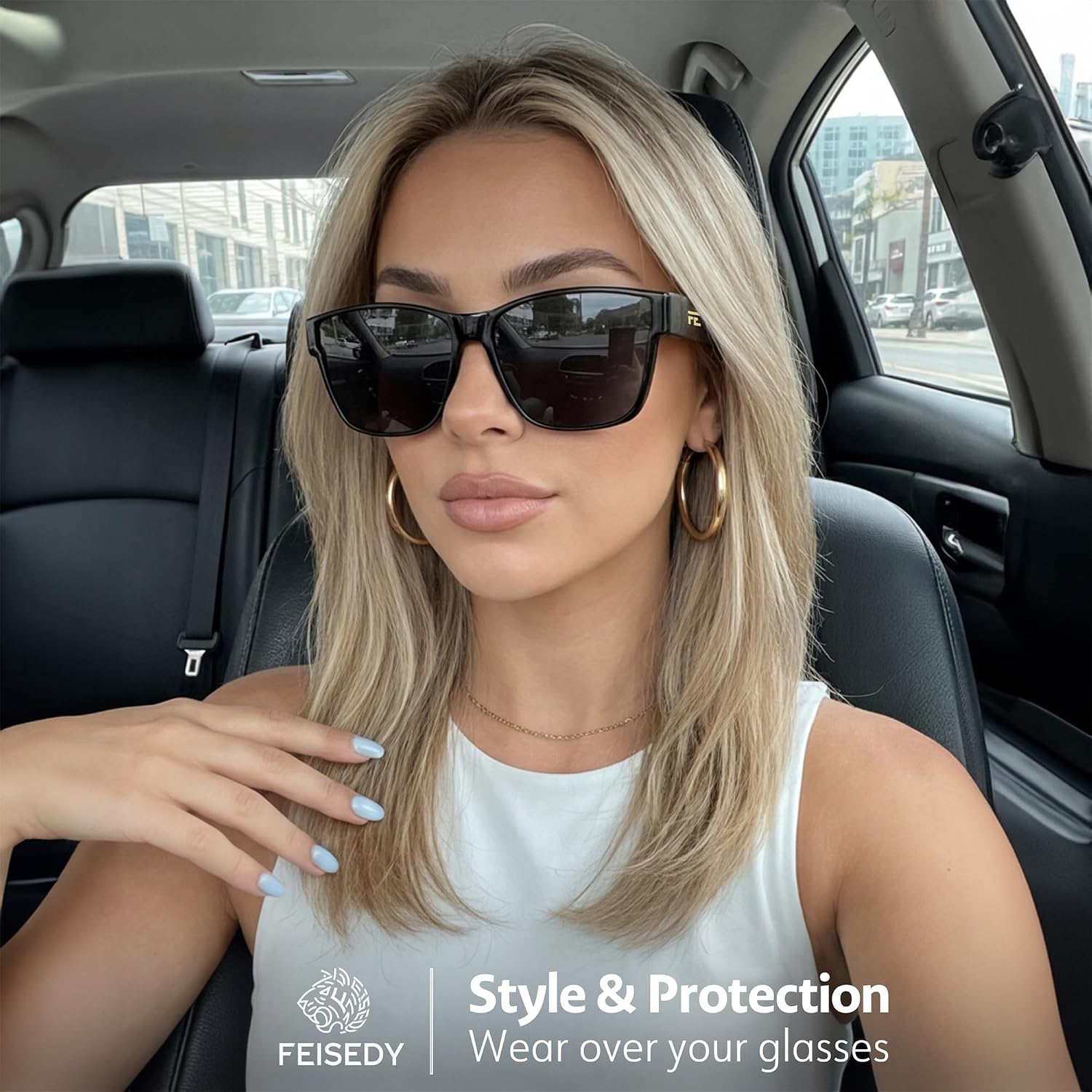 商品图片 26 | B0GQH1CMTJ | FEISEDY Fit Over Glasses Polarized Sunglasses Oversized Square UV400 B0250