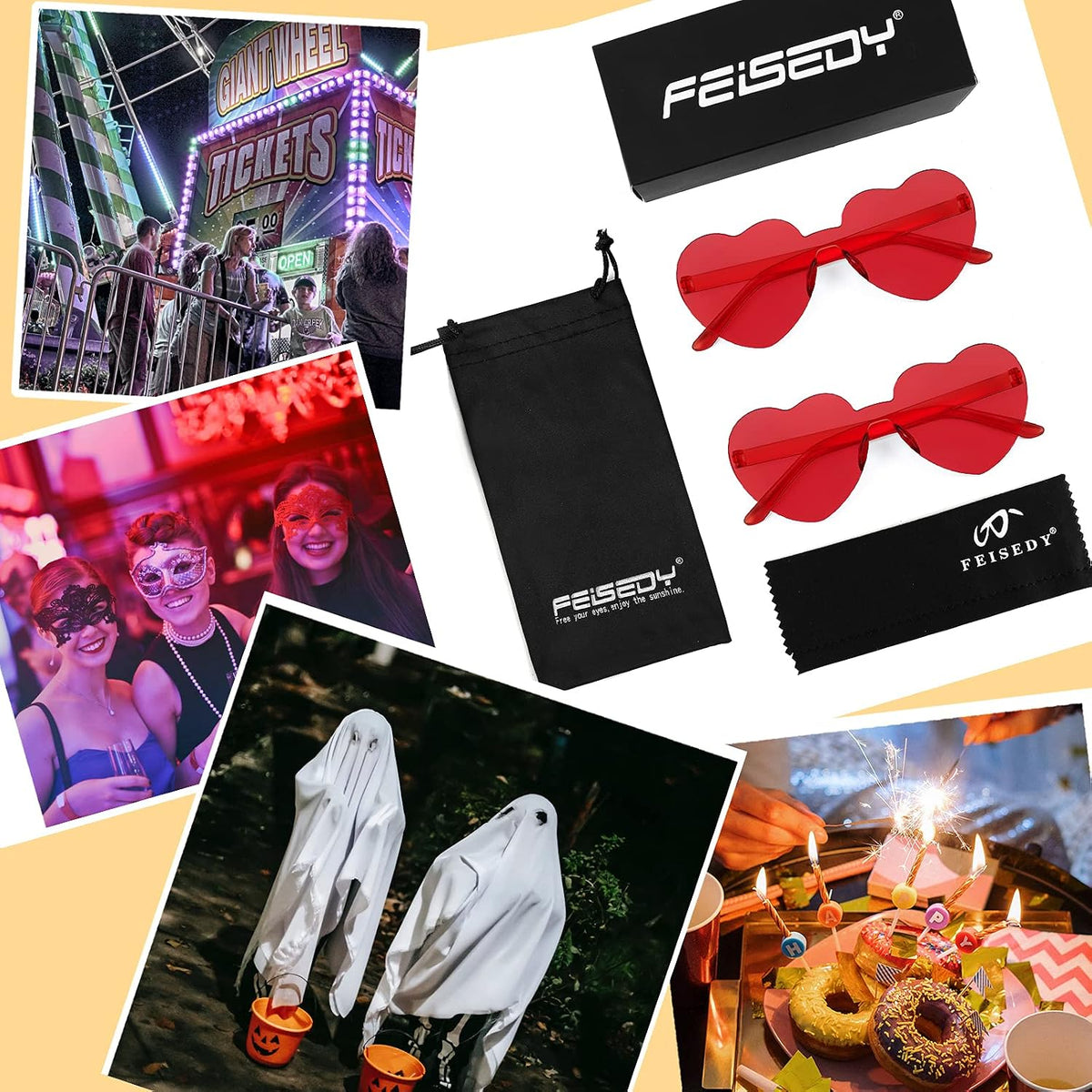 ÉÌƷͼƬ 21 | B09H3WMGMG | FEISEDY 2 Pack Rimless Heart Shaped Sunglasses Party Glasses Disco One Piece Transparent Trendy Love Glasses B2826-F2