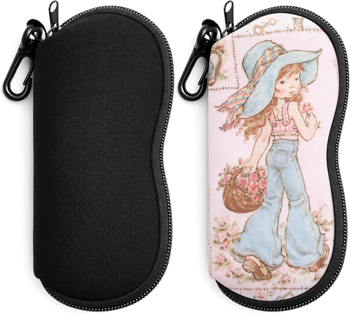 Black + Flower Basket Girl | B0GFYHHM8Q | FEISEDY 2Pack Sunglasses Soft Case Ultra Light Neoprene Zipper Portable Eyeglass Pouch with Belt Clip B0385