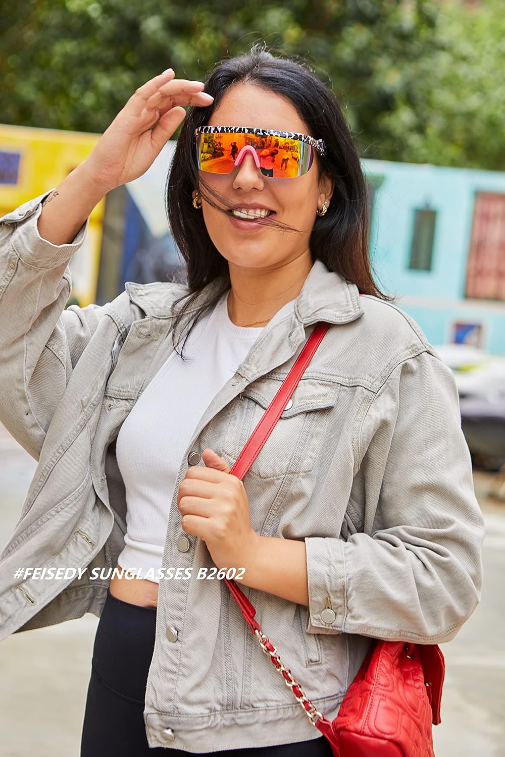 商品图片 37 | B096SD9GGG | FEISEDY Oversized Mirror Shield Sport 80s Sunglasses Ski Goggles Flat Top One Piece Futuristic Visor Women Men B2522